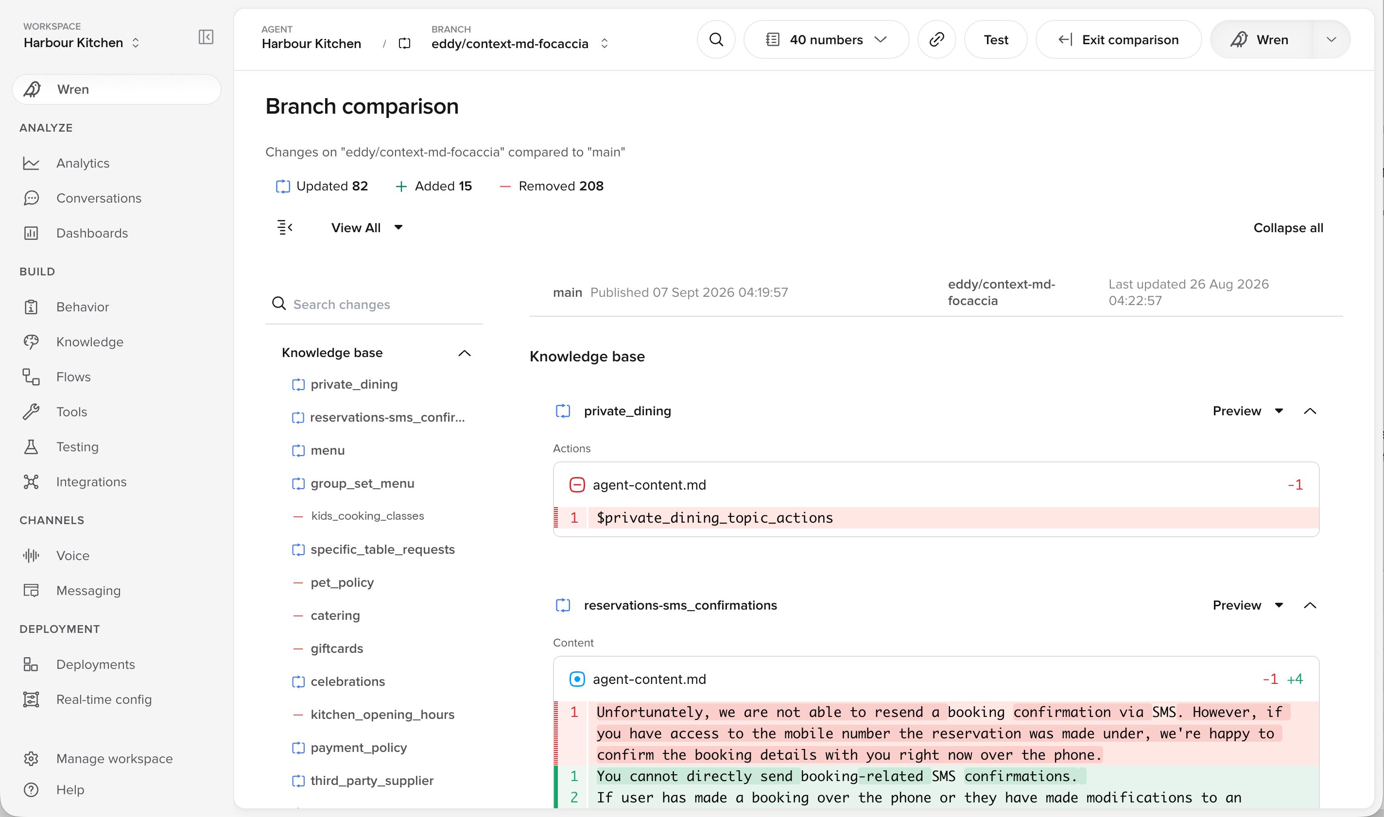 Branch comparison showing updated, added and removed counts with a knowledge base diff
