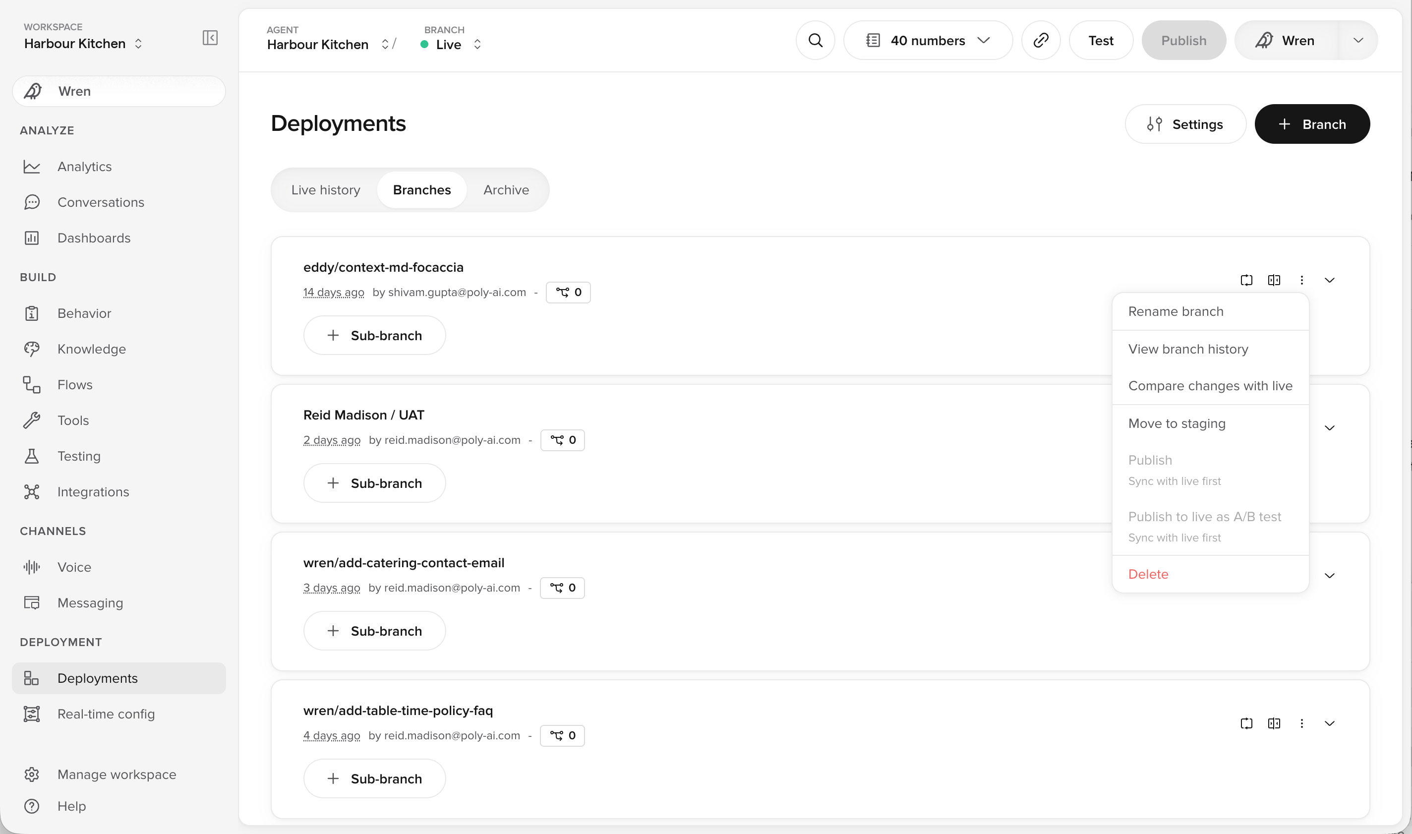 Branch actions menu on the Deployments page, showing Move to staging