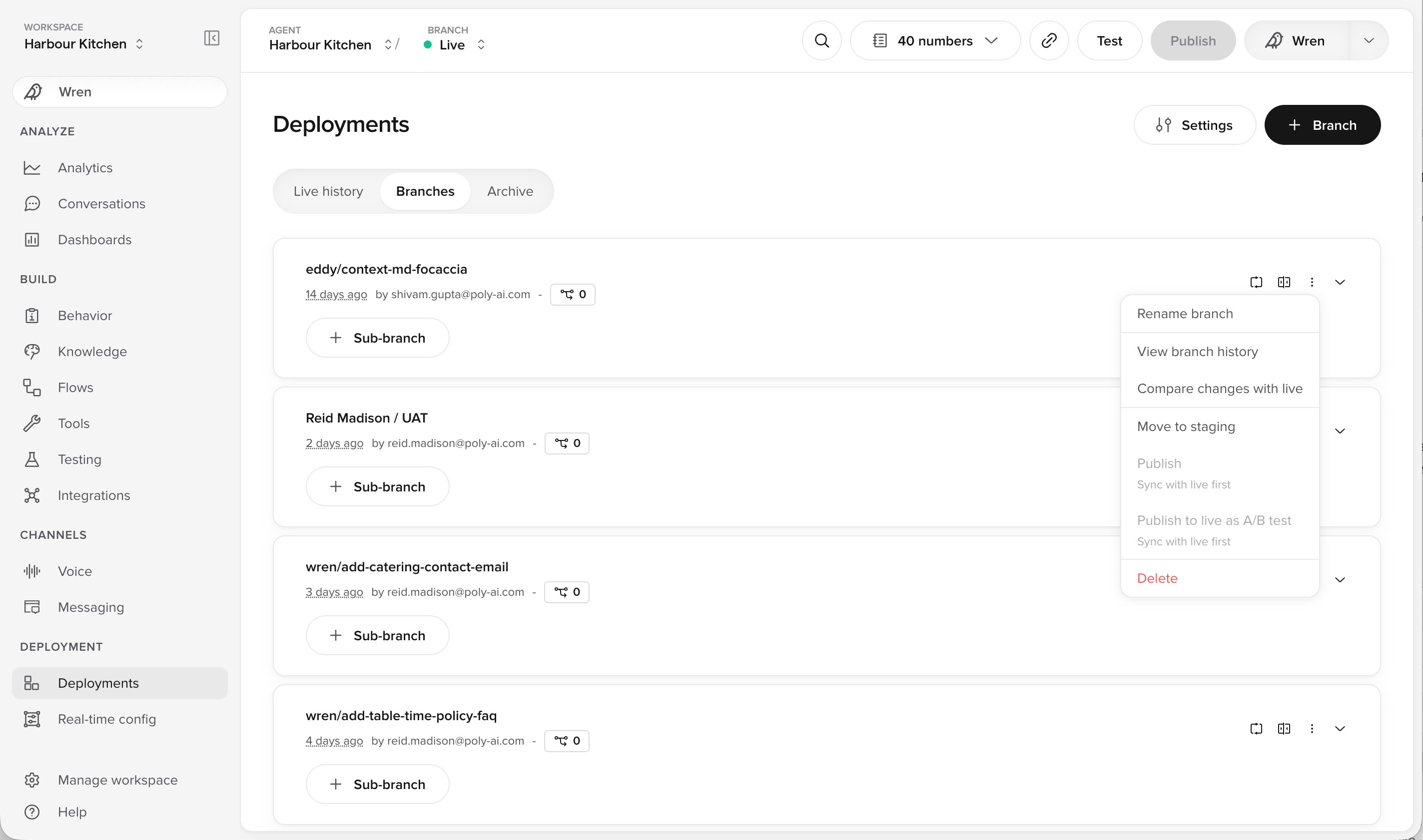 Branch actions menu on the Deployments page, showing Move to staging