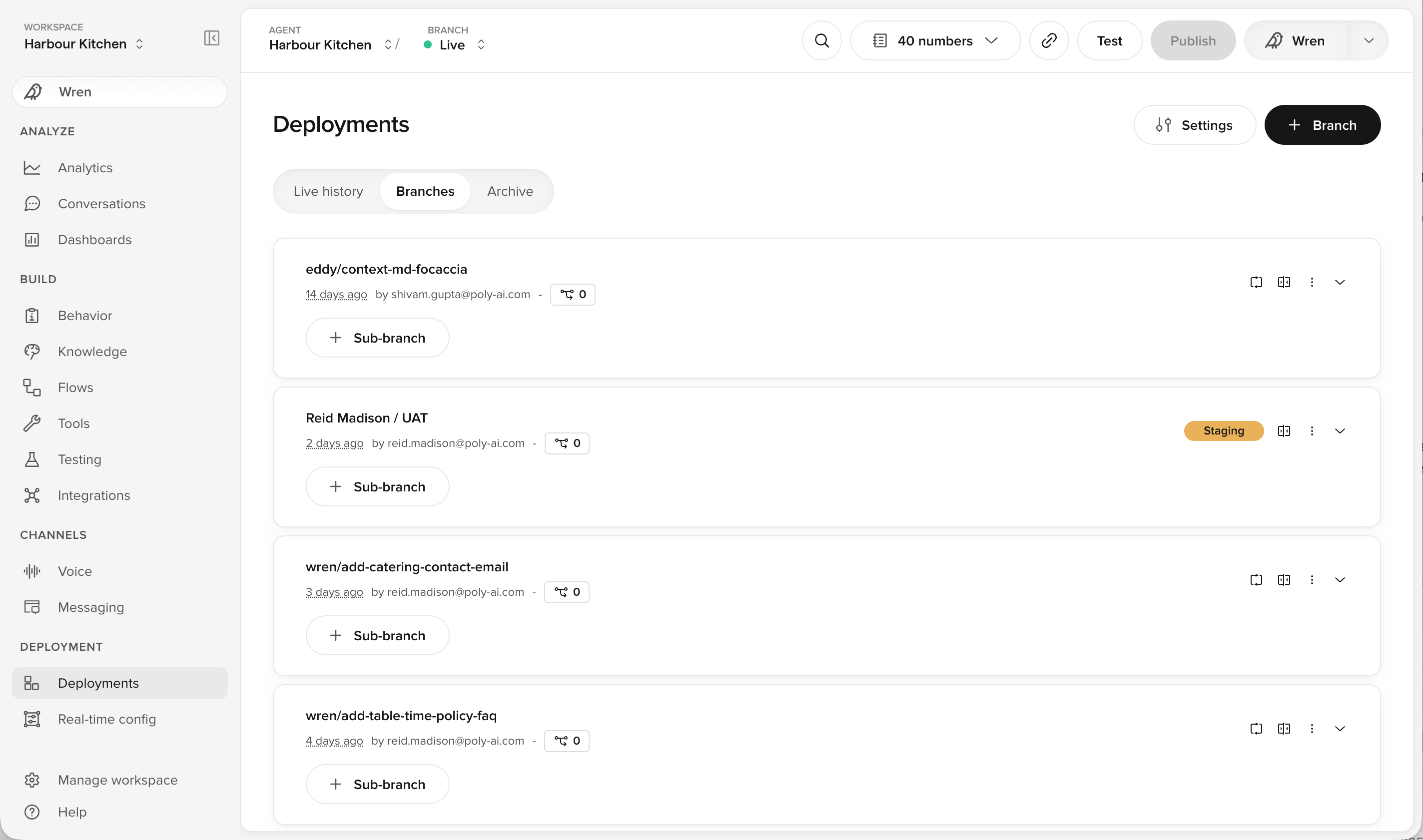 Branches tab on the Deployments page listing open Branches, one marked Staging