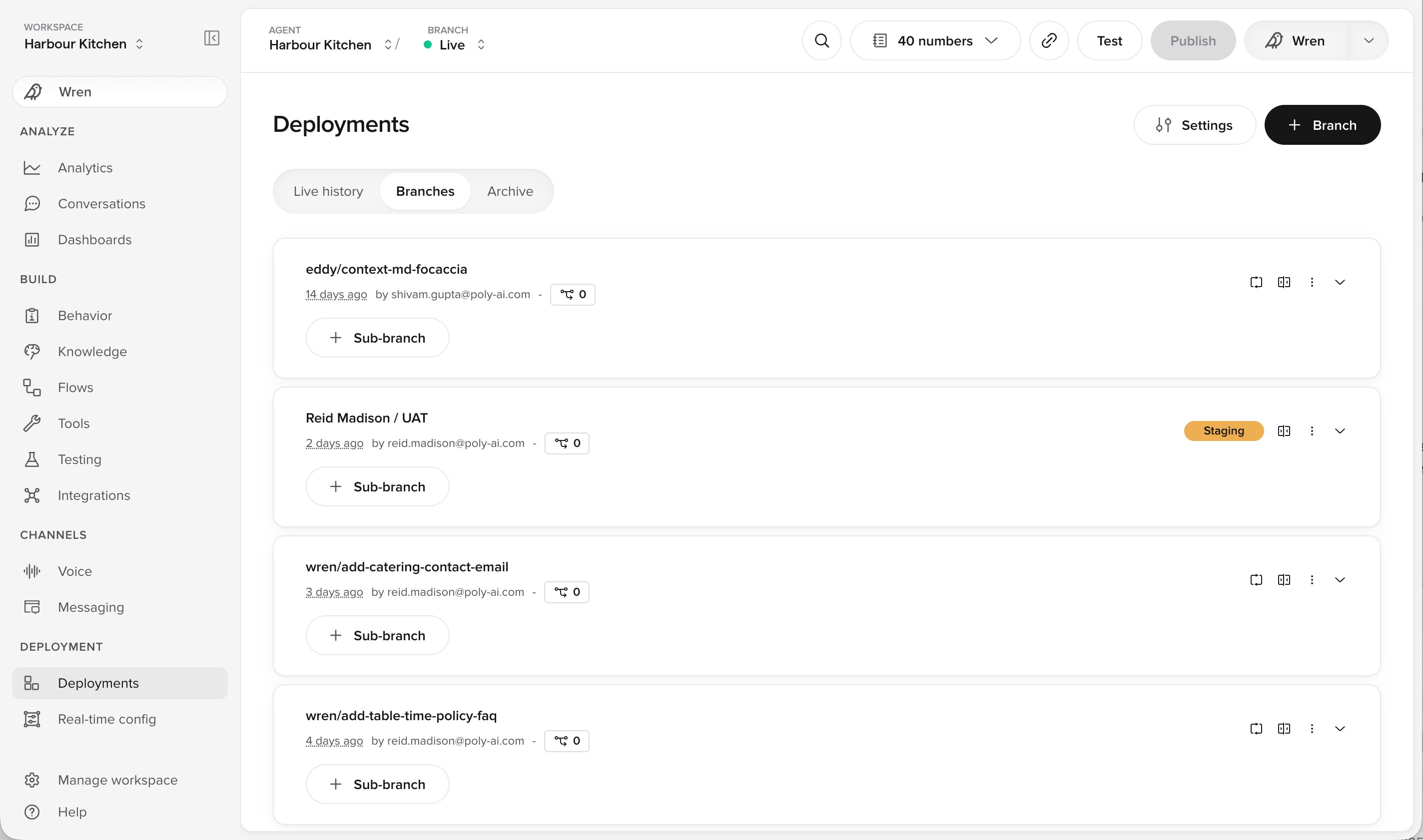 Branches tab on the Deployments page listing open Branches, one marked Staging