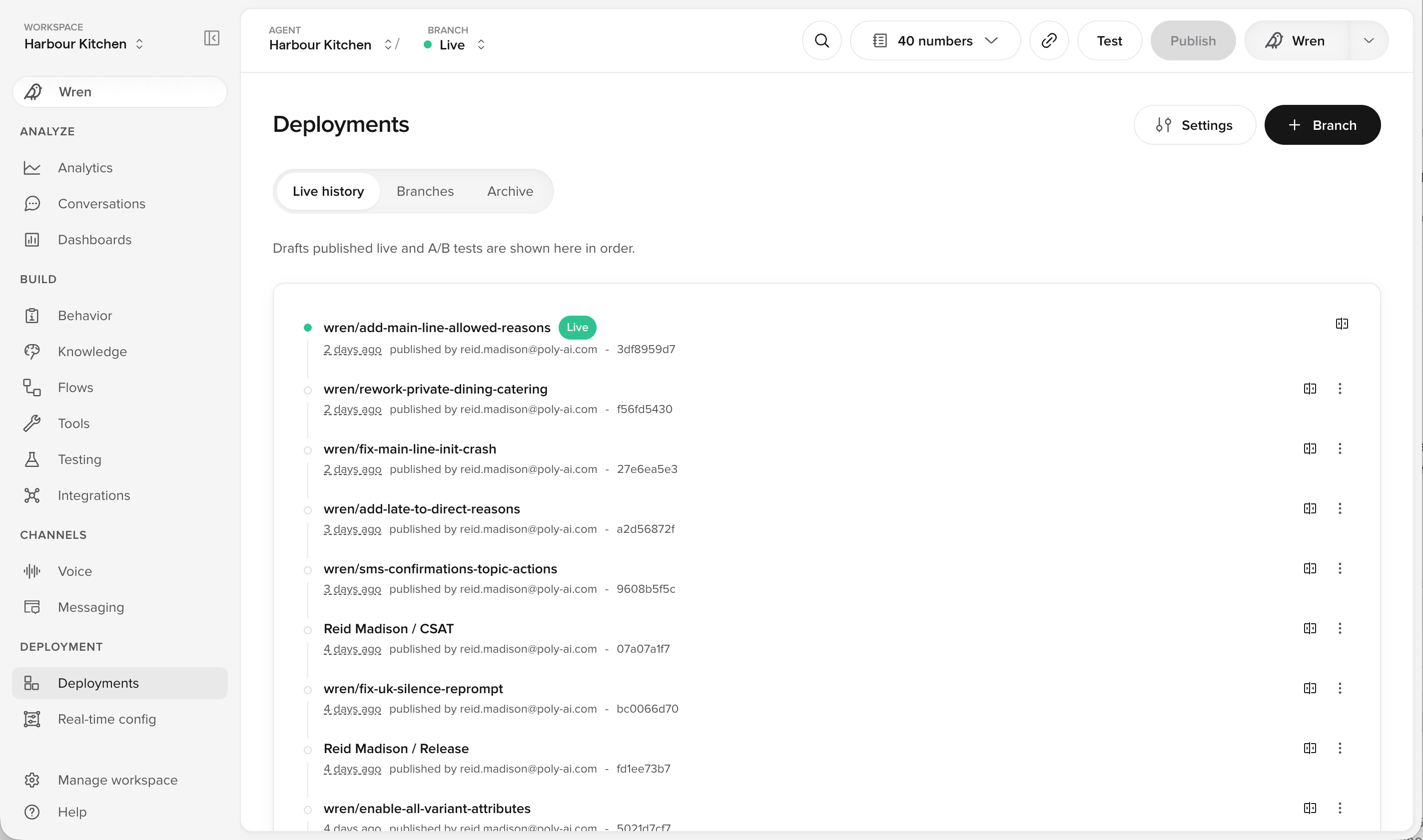 Deployments page Live history tab, listing published versions with the current one marked Live