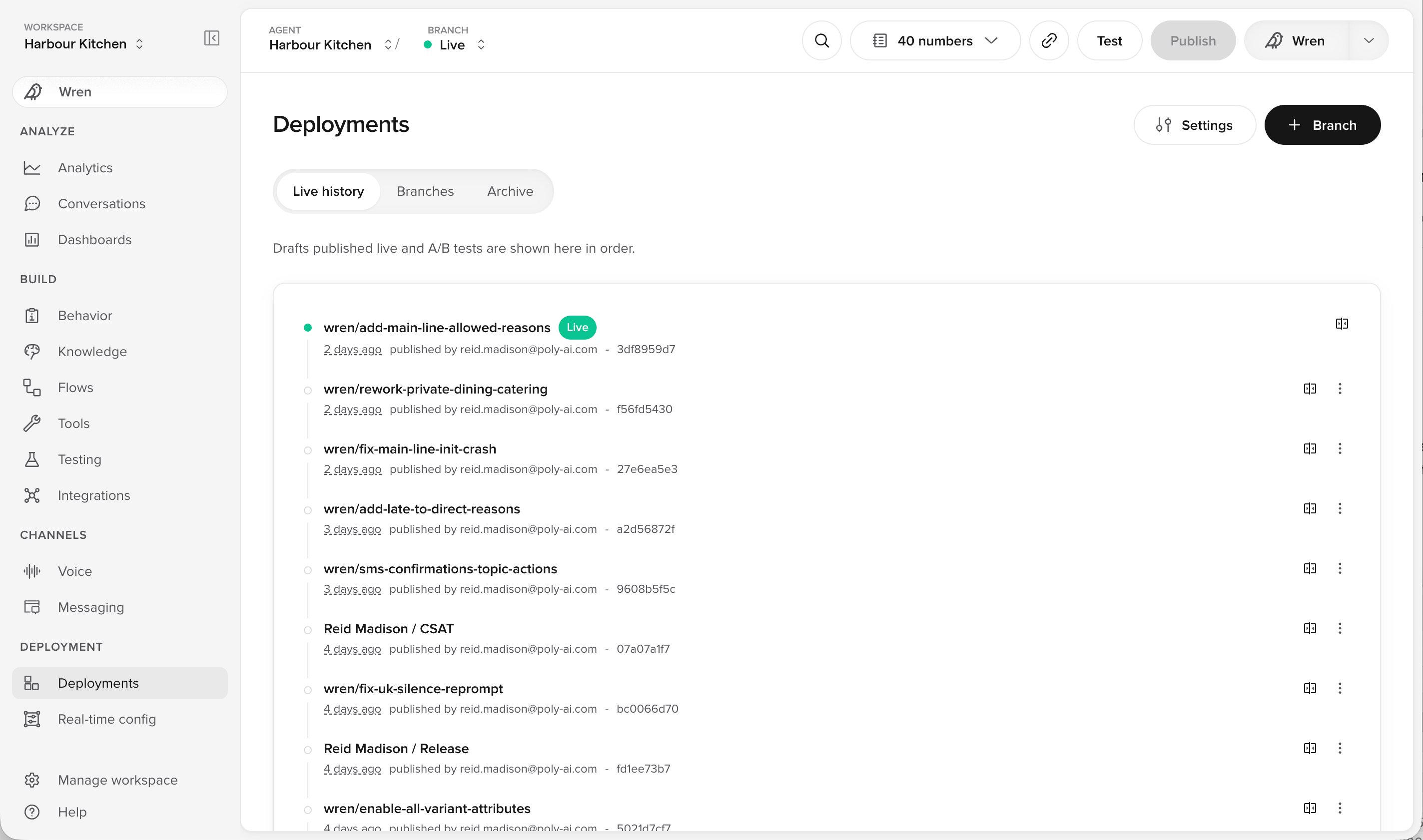 Deployments page Live history tab, listing published versions with the current one marked Live