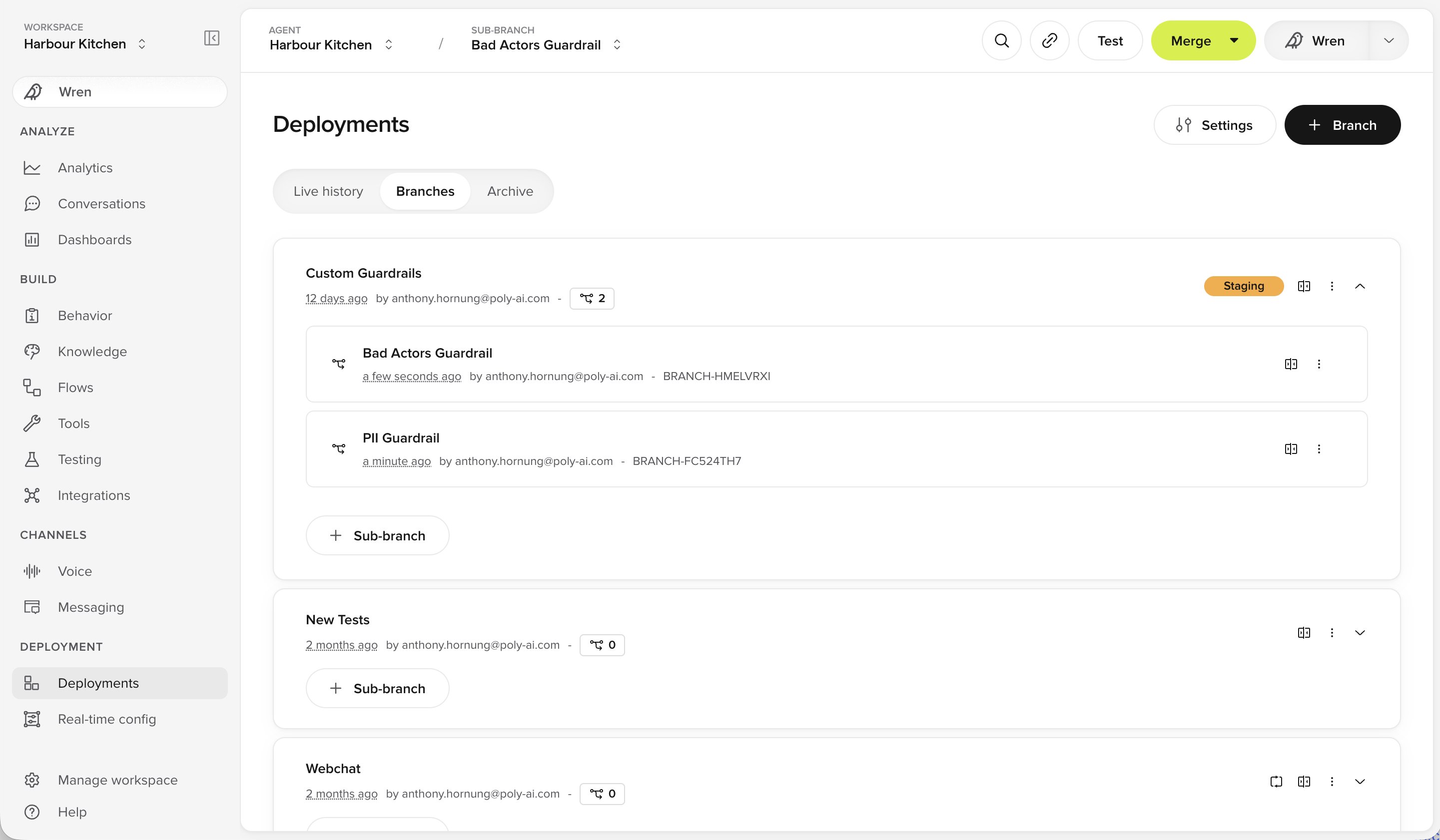 Deployments page showing a Branch with two Sub-branches nested under it, and a count of its Sub-branches