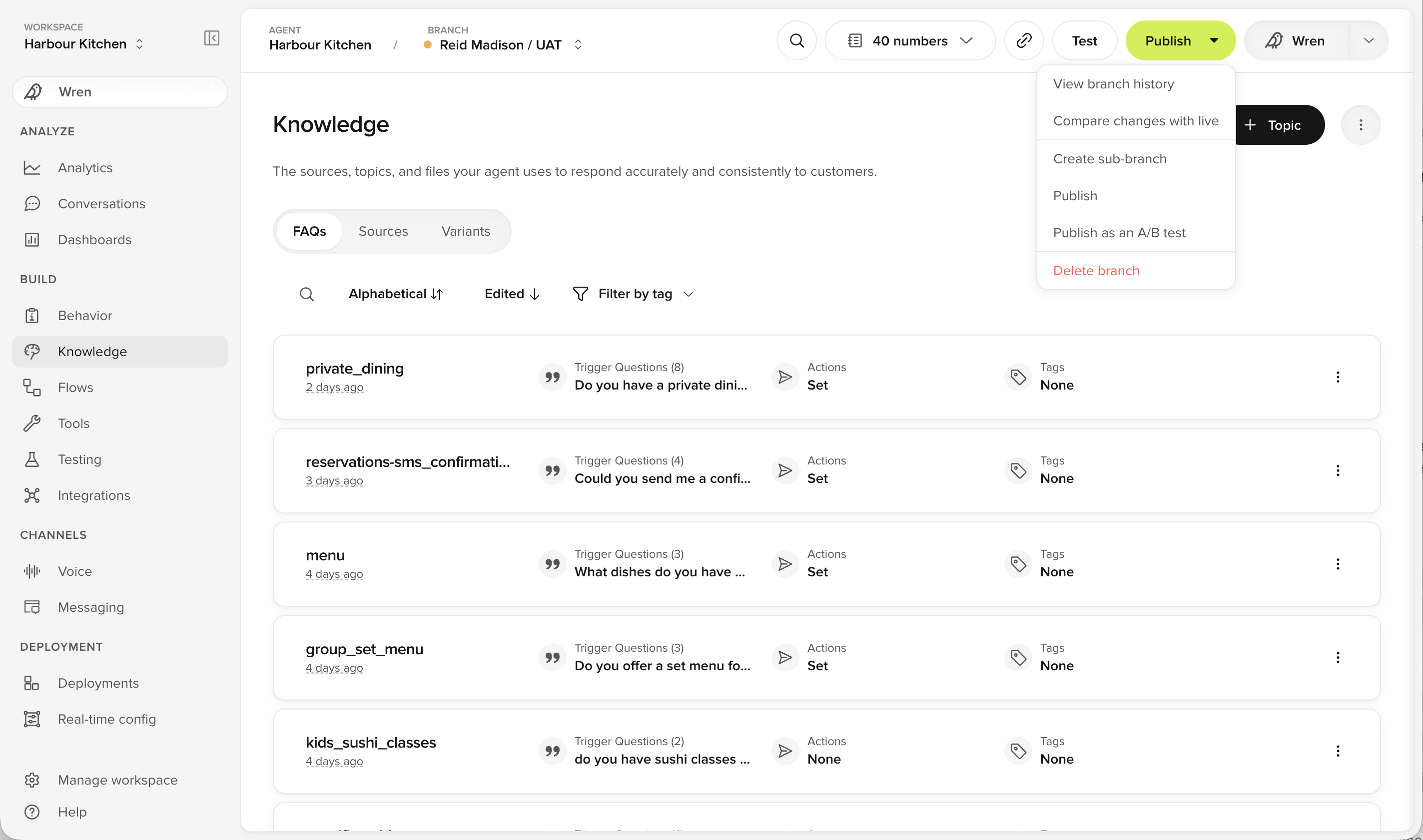 Publish menu showing View branch history, Compare changes with live, Move to staging, Publish, Publish as an A/B test and Delete branch
