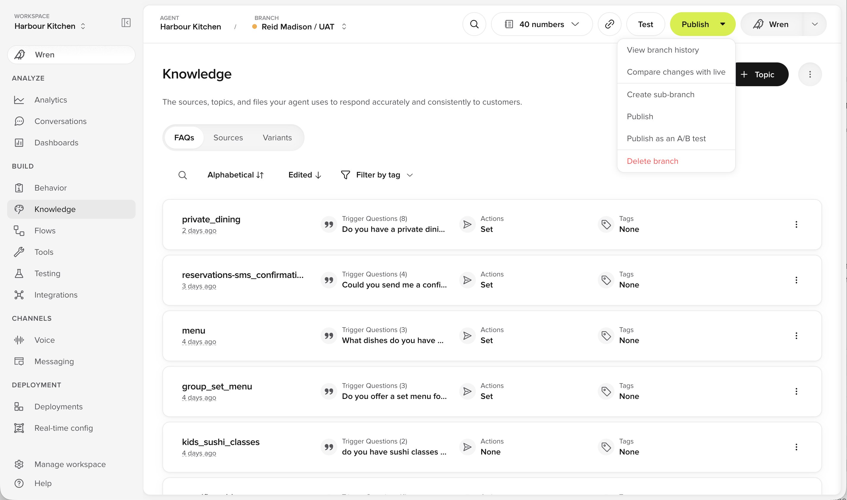Publish menu showing View branch history, Compare changes with live, Move to staging, Publish, Publish as an A/B test and Delete branch