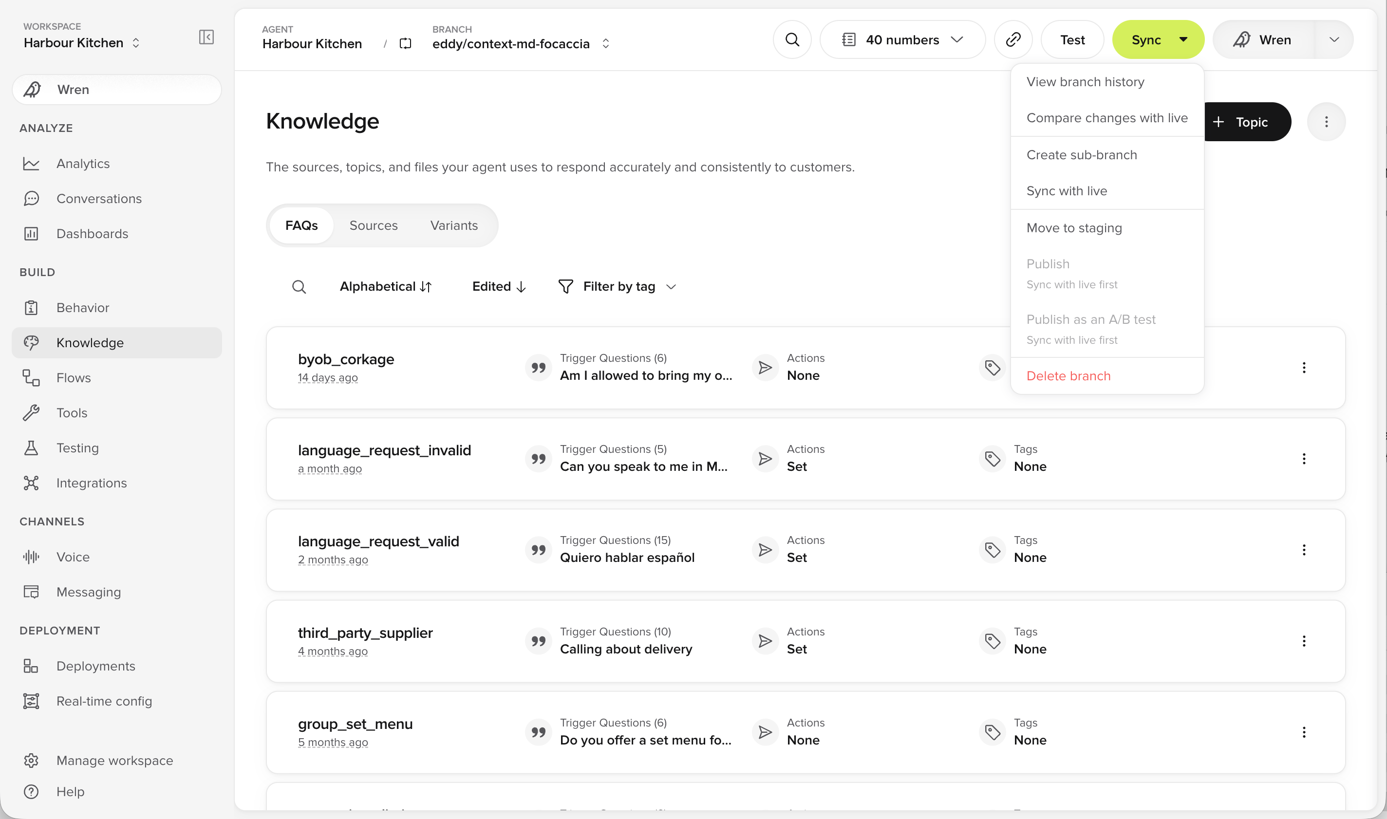 Publish menu on an out of sync Branch, with Publish greyed out and labelled Sync with live first