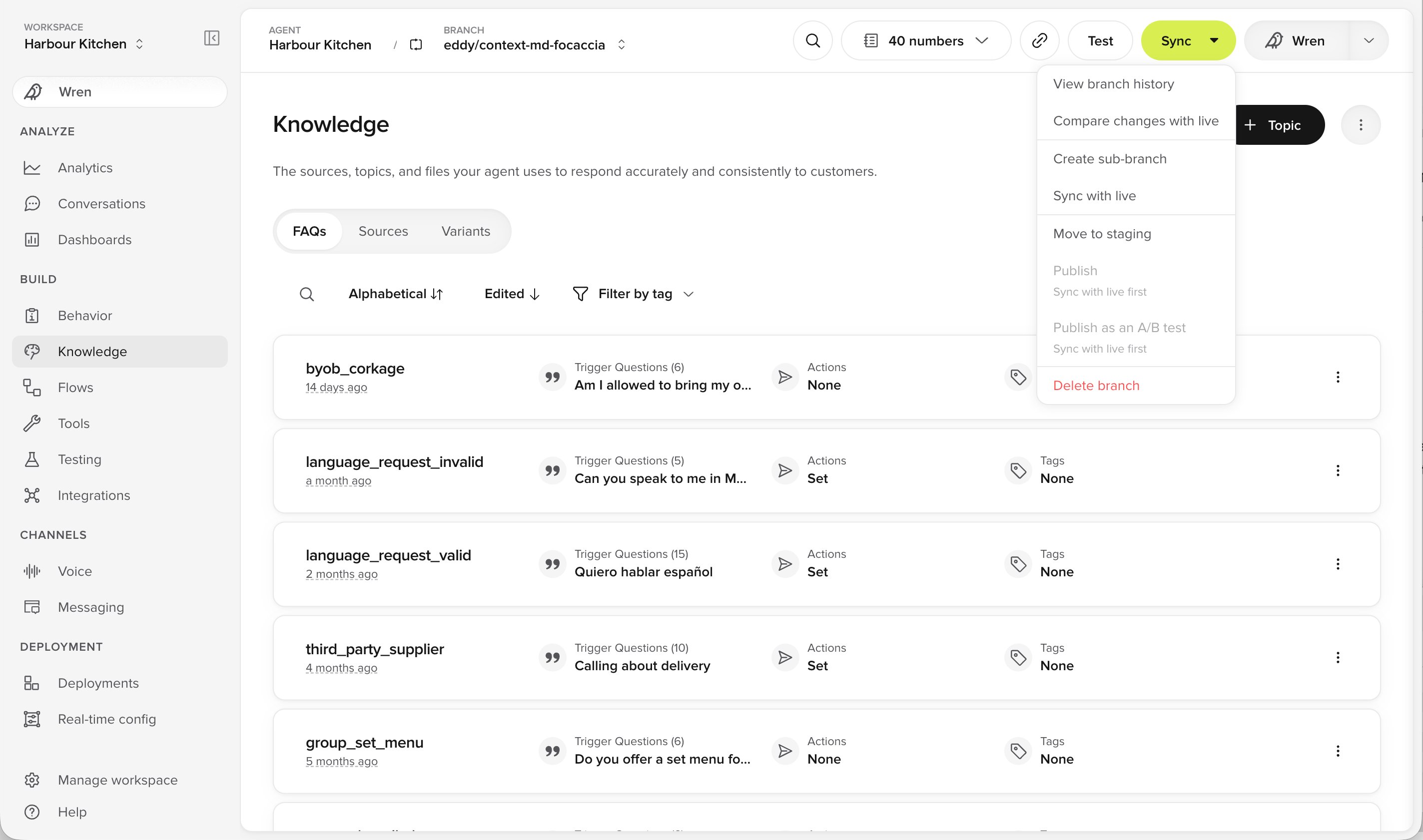 Publish menu on an out of sync Branch, with Publish greyed out and labelled Sync with live first