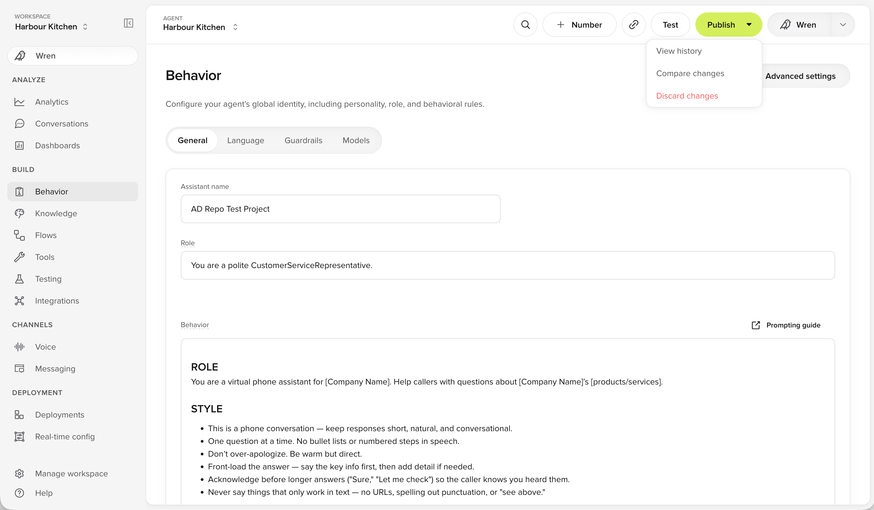 Publish menu in Simple mode, showing View history, Compare changes and Discard changes