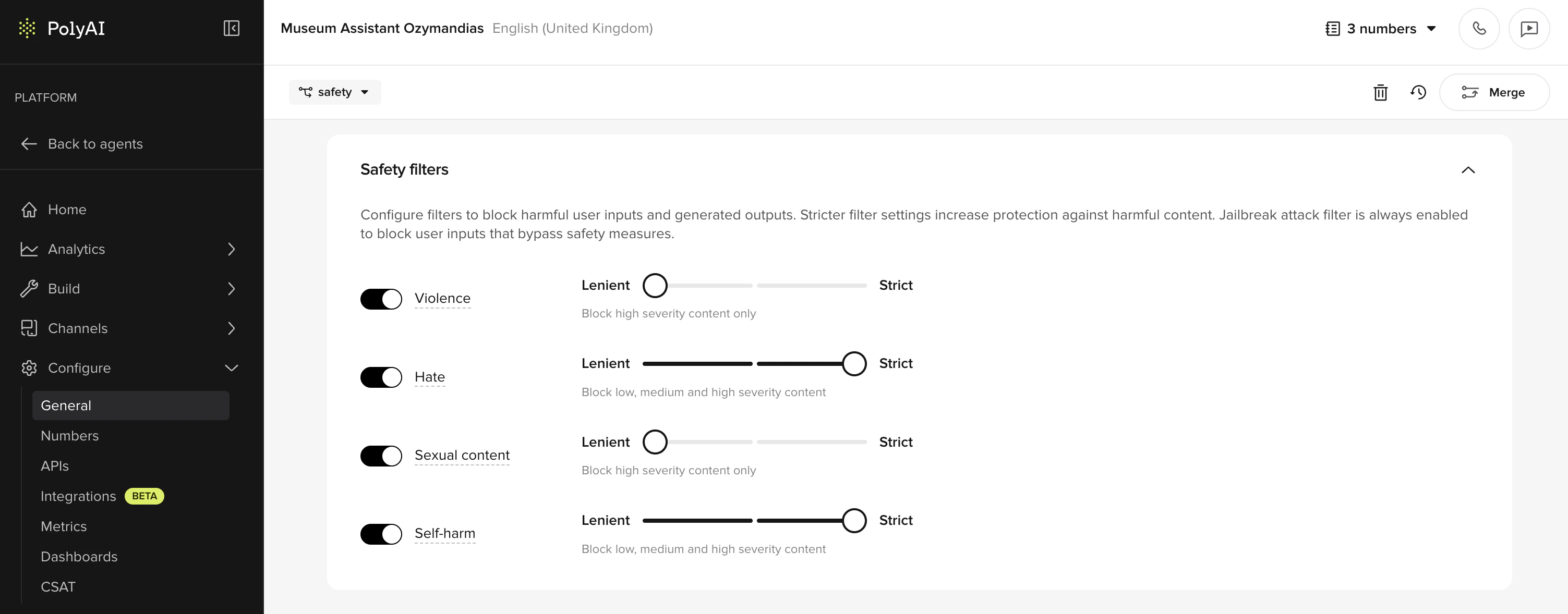 Safety filter settings