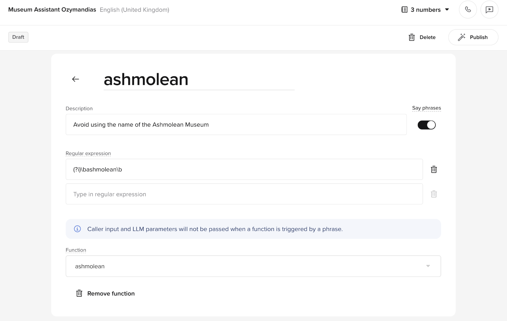 Stop keyword configuration