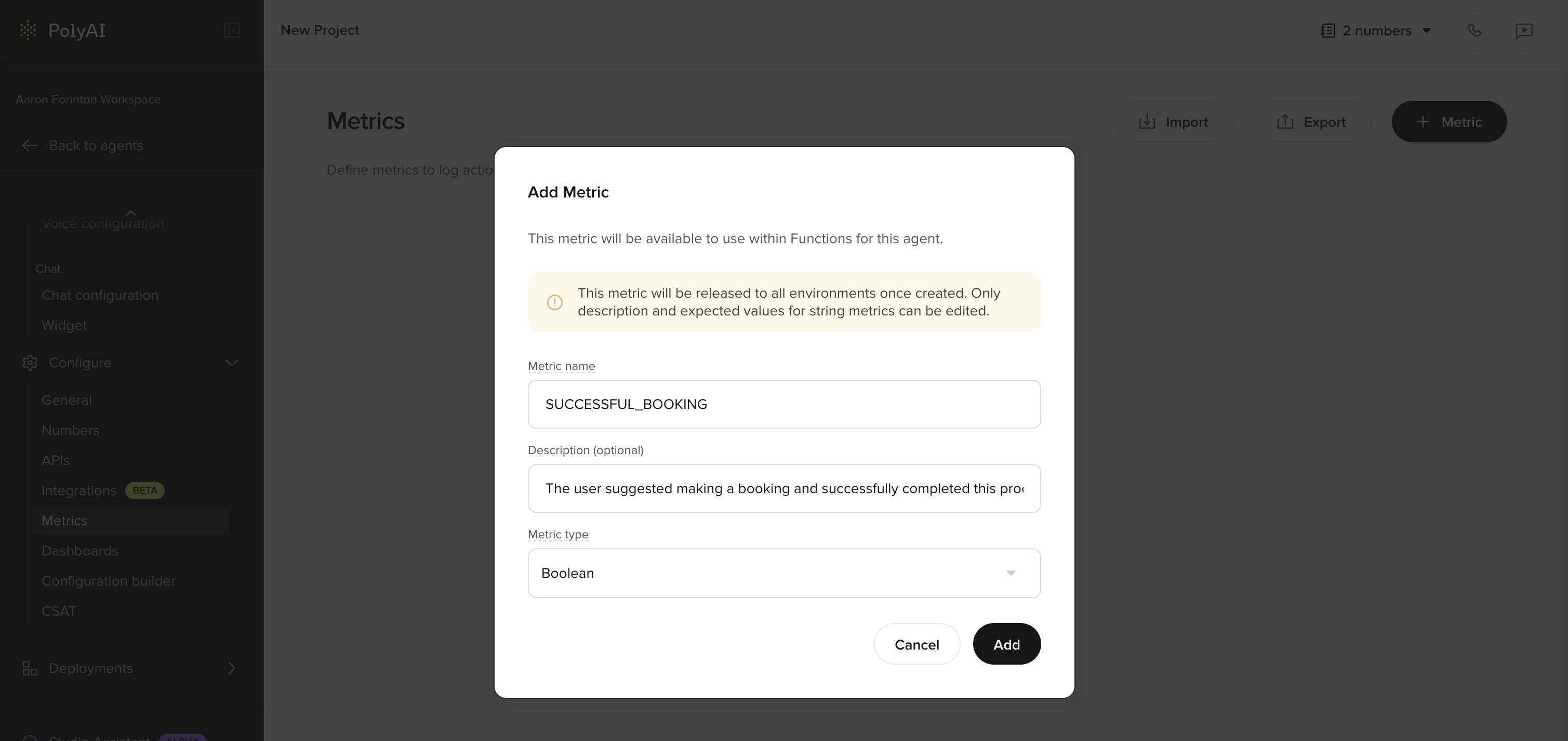 Metric creation form
