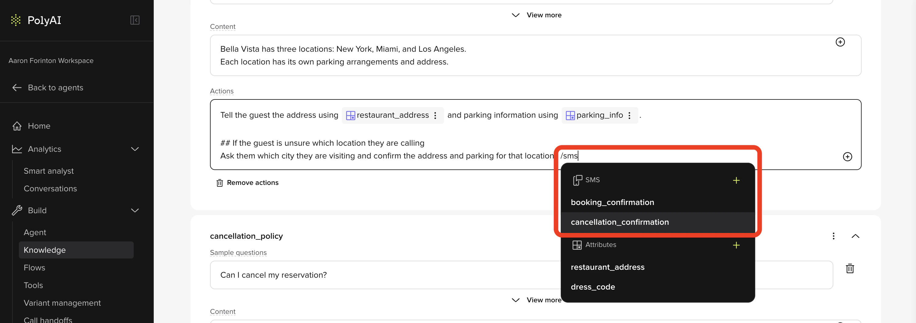 Adding an SMS action to a managed topic using the /sms command
