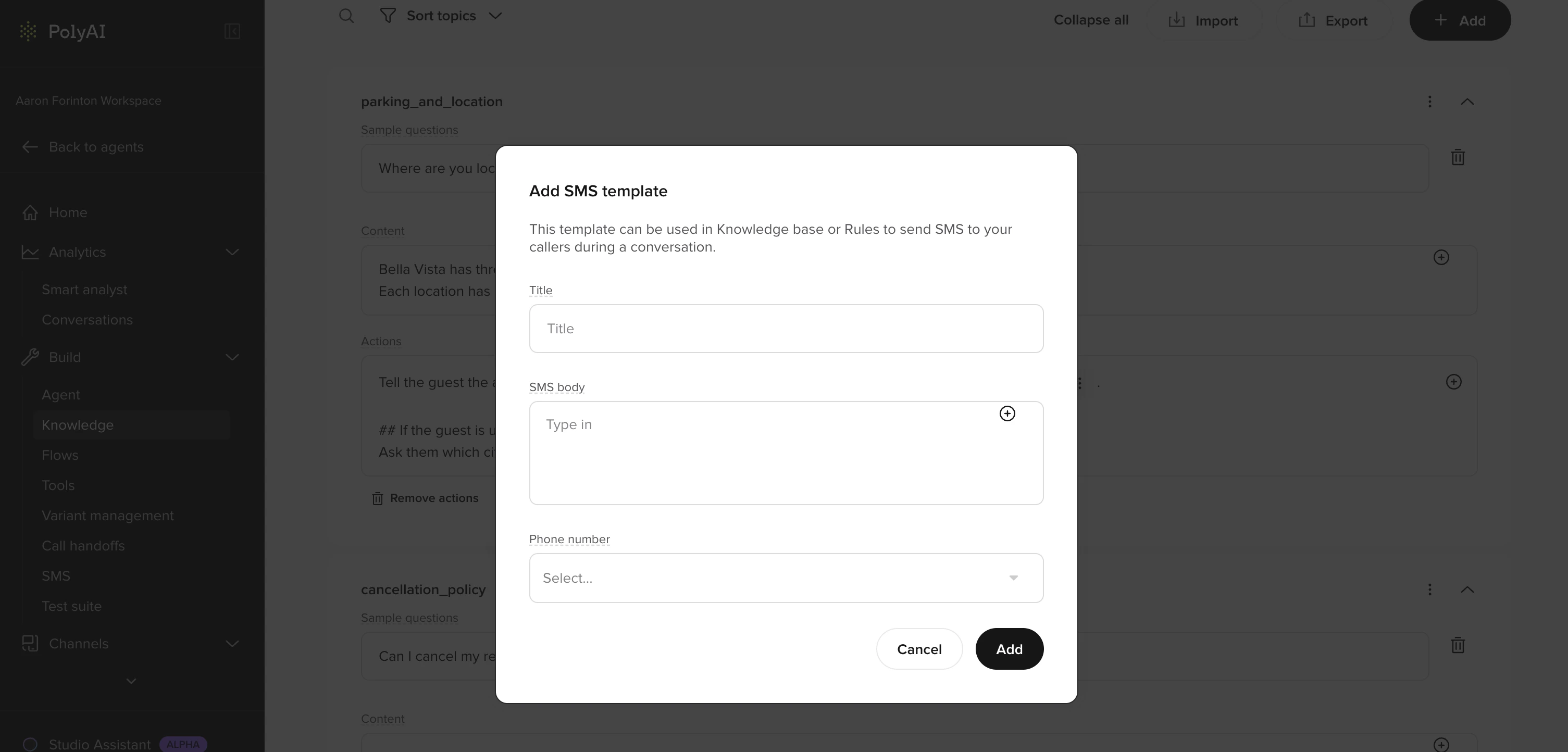 Add SMS template dialog