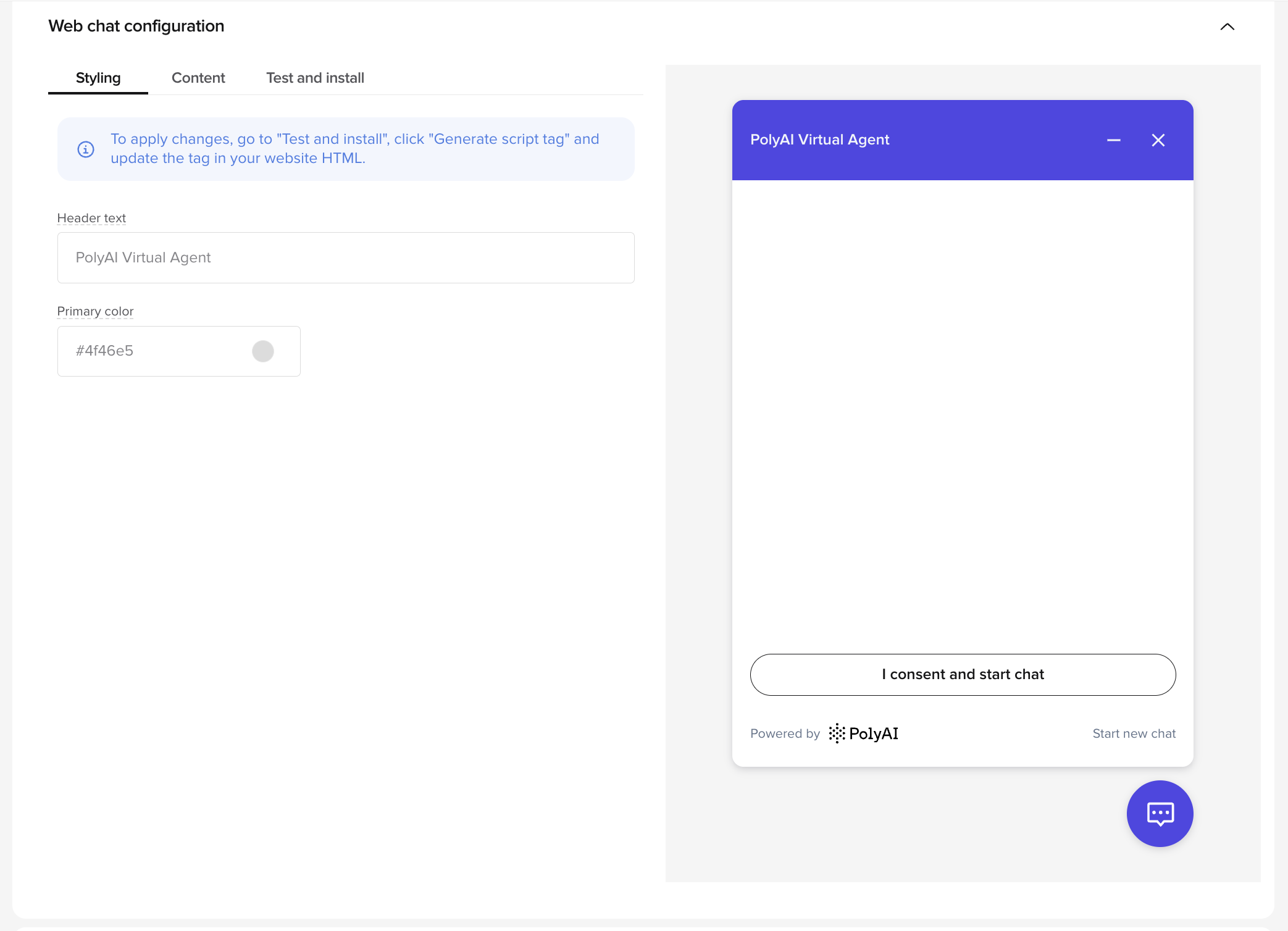 Styling tab with live preview
