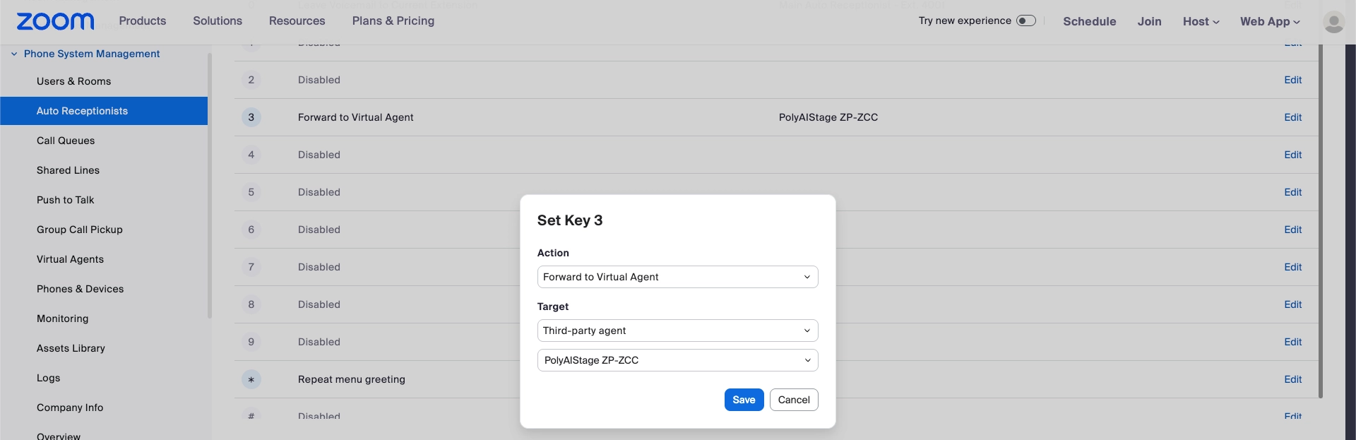 Adding a third-party Virtual Agent to a Zoom Auto Receptionist key press