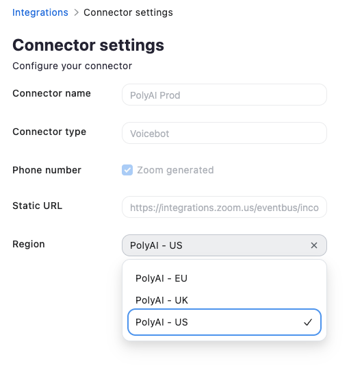 Zoom Contact Center connector settings showing region and Static URL