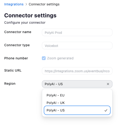 Zoom Contact Center connector settings showing region and Static URL