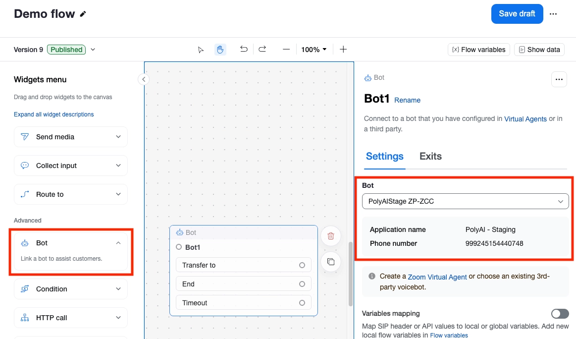 Adding the Bot widget to a Zoom Contact Center flow
