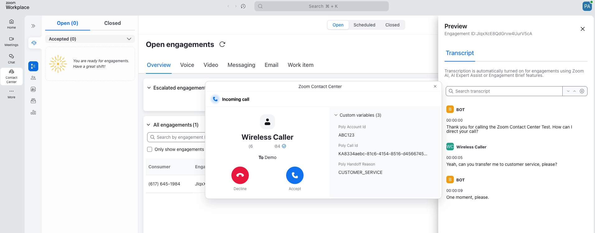 Sample screen pop showing PolyAI handoff data in the Zoom Contact Center agent console