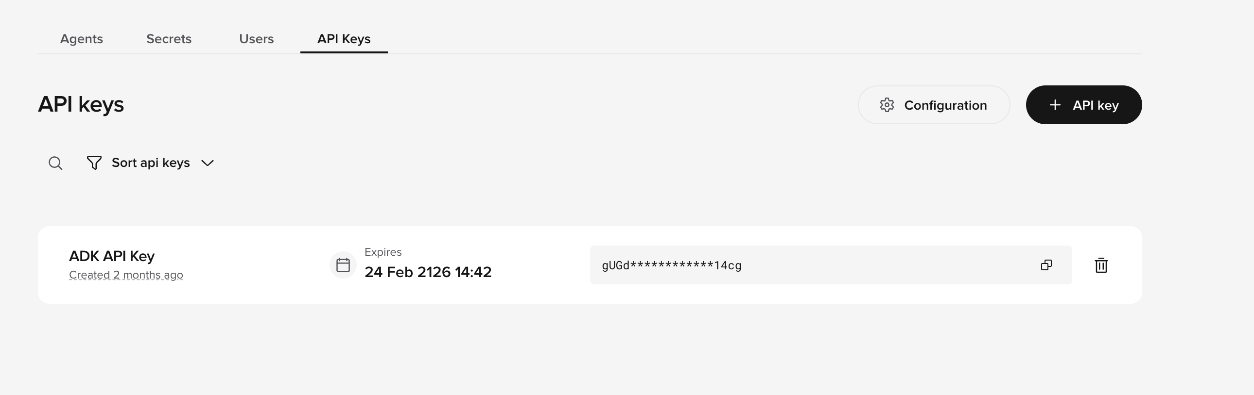 Generating an API key in Agent Studio — API Keys tab selected, showing the + API key button in the top-right