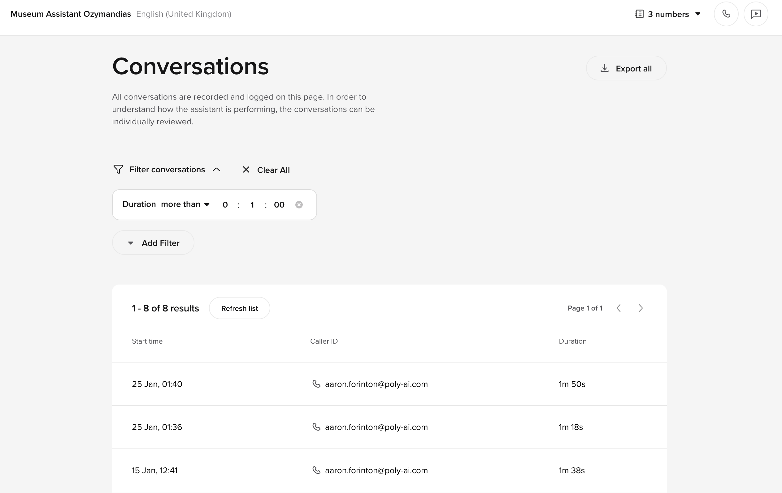 Recordings and transcripts - PolyAI Platform