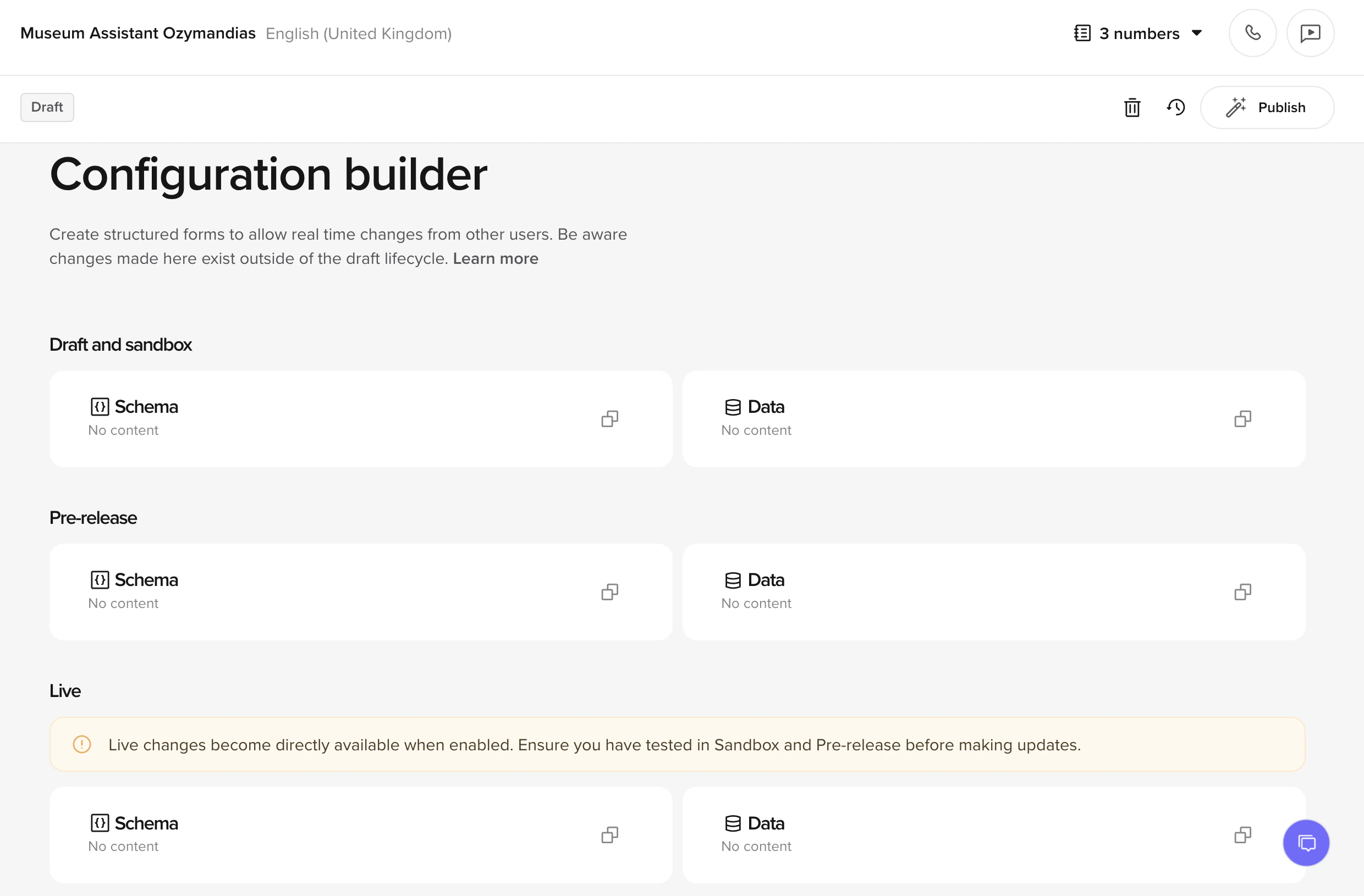 Configuration builder UI with schema/data tabs
