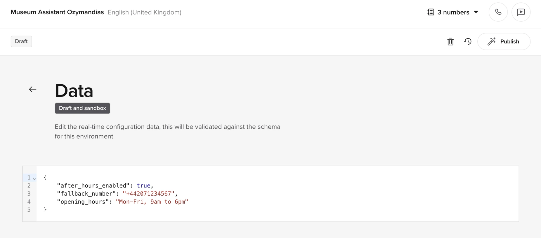 Live config UI showing example values