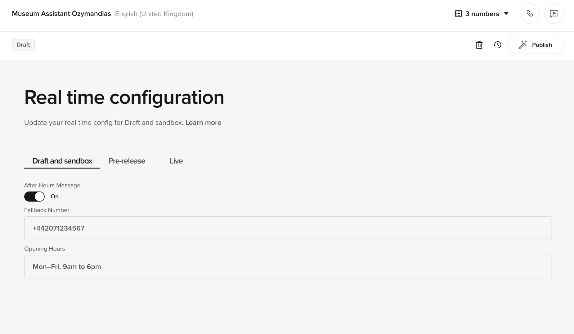 Live config UI showing example values