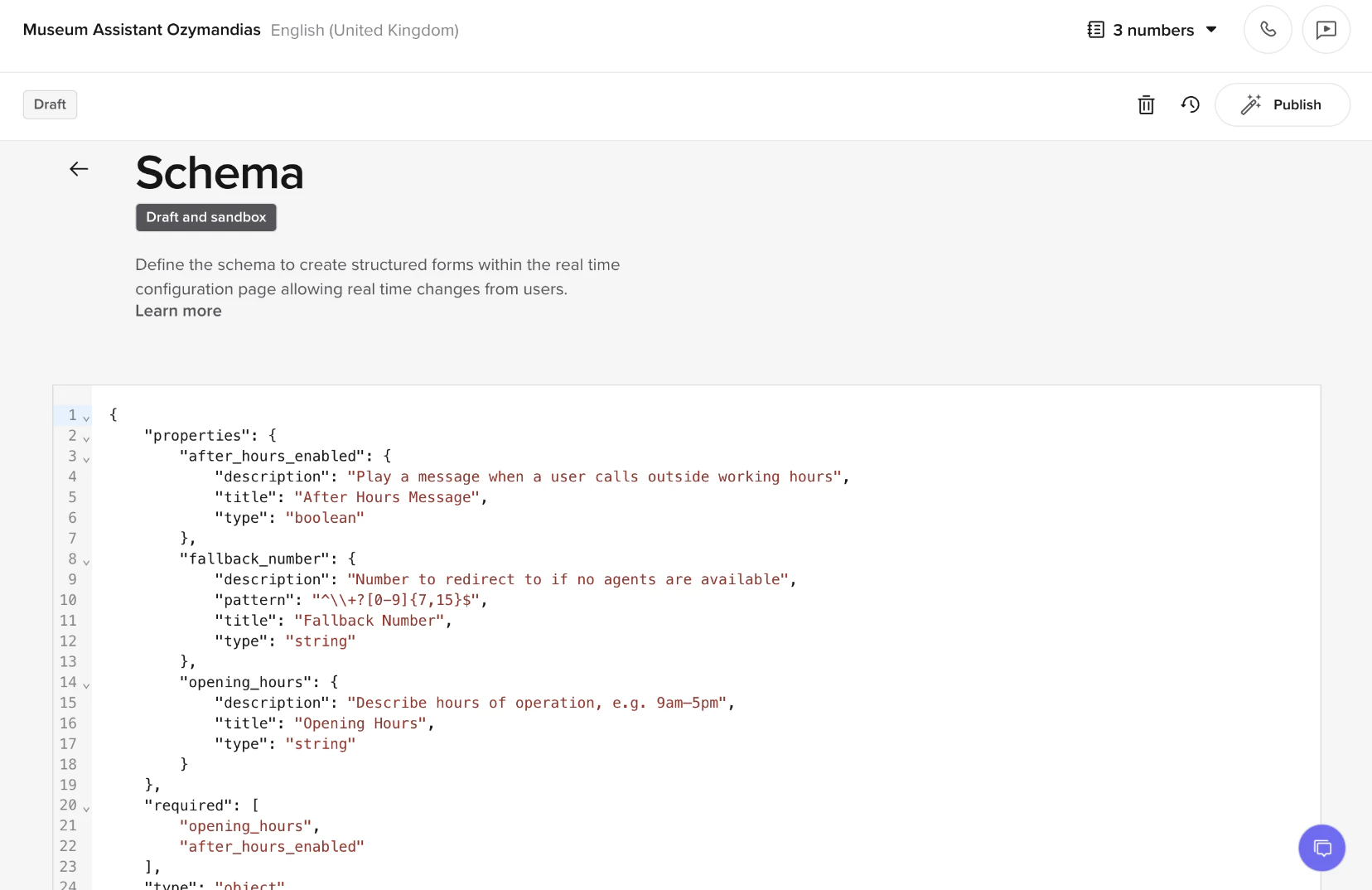 Live config UI showing example values