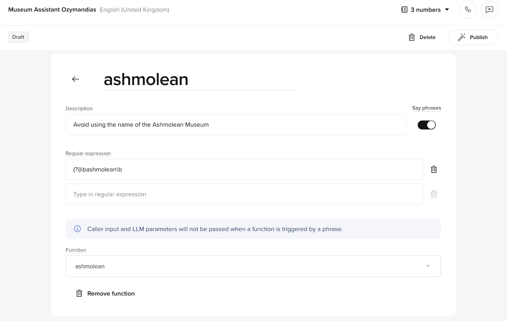 Stop keyword configuration