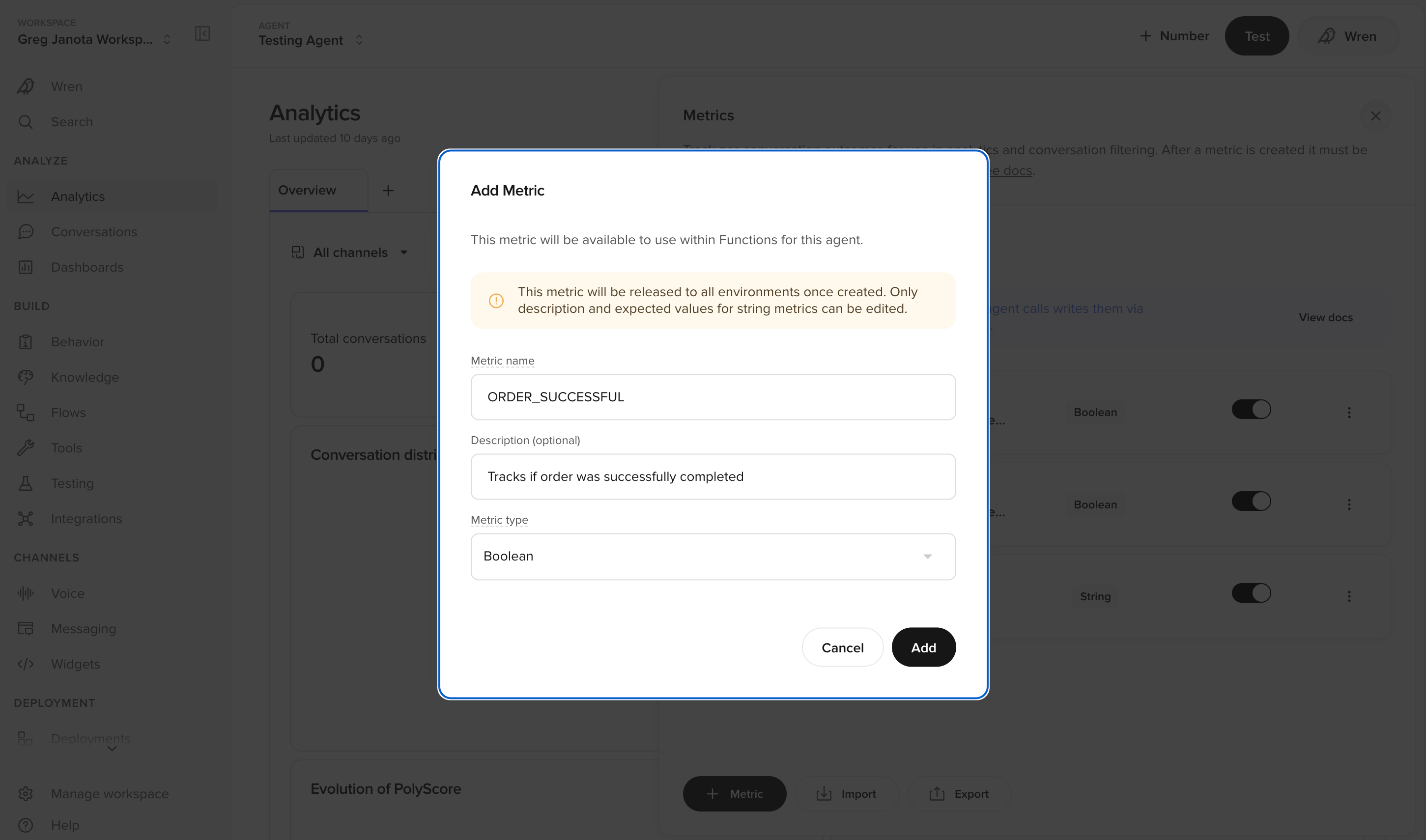 The Add Metric dialog with a name, description and metric type