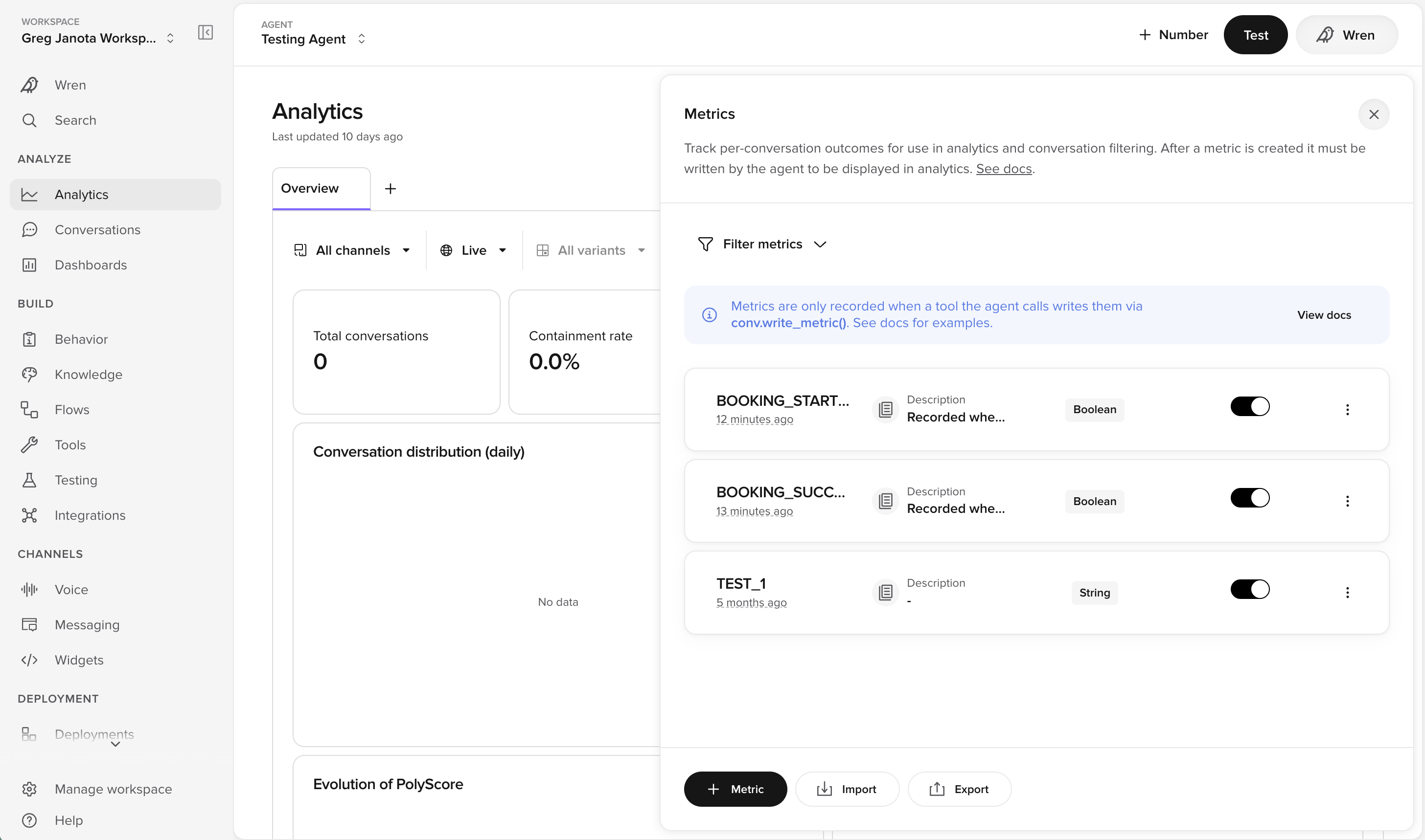 The Metrics panel listing the metrics defined for an agent