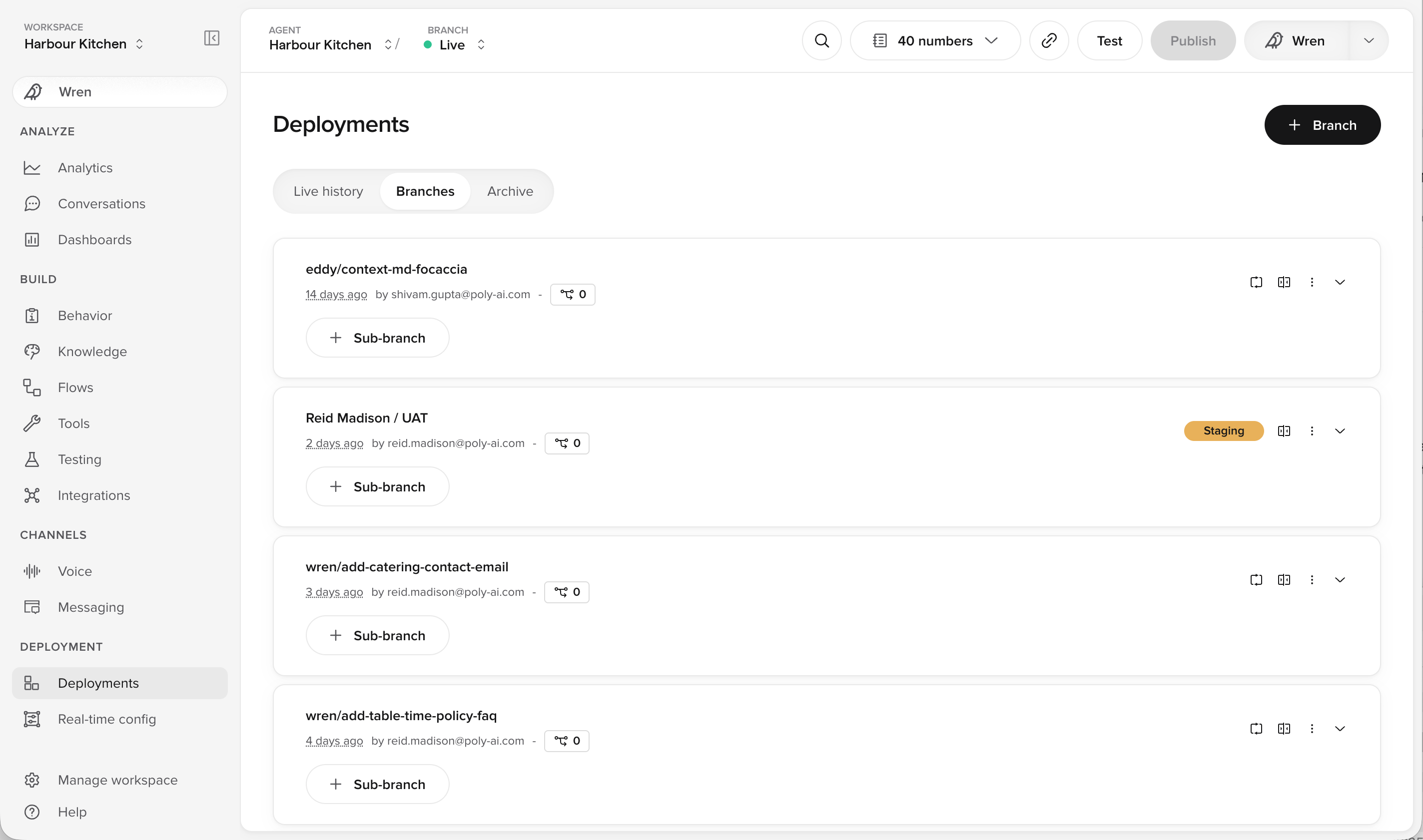 Branches tab on the Deployments page listing open Branches, one marked Staging