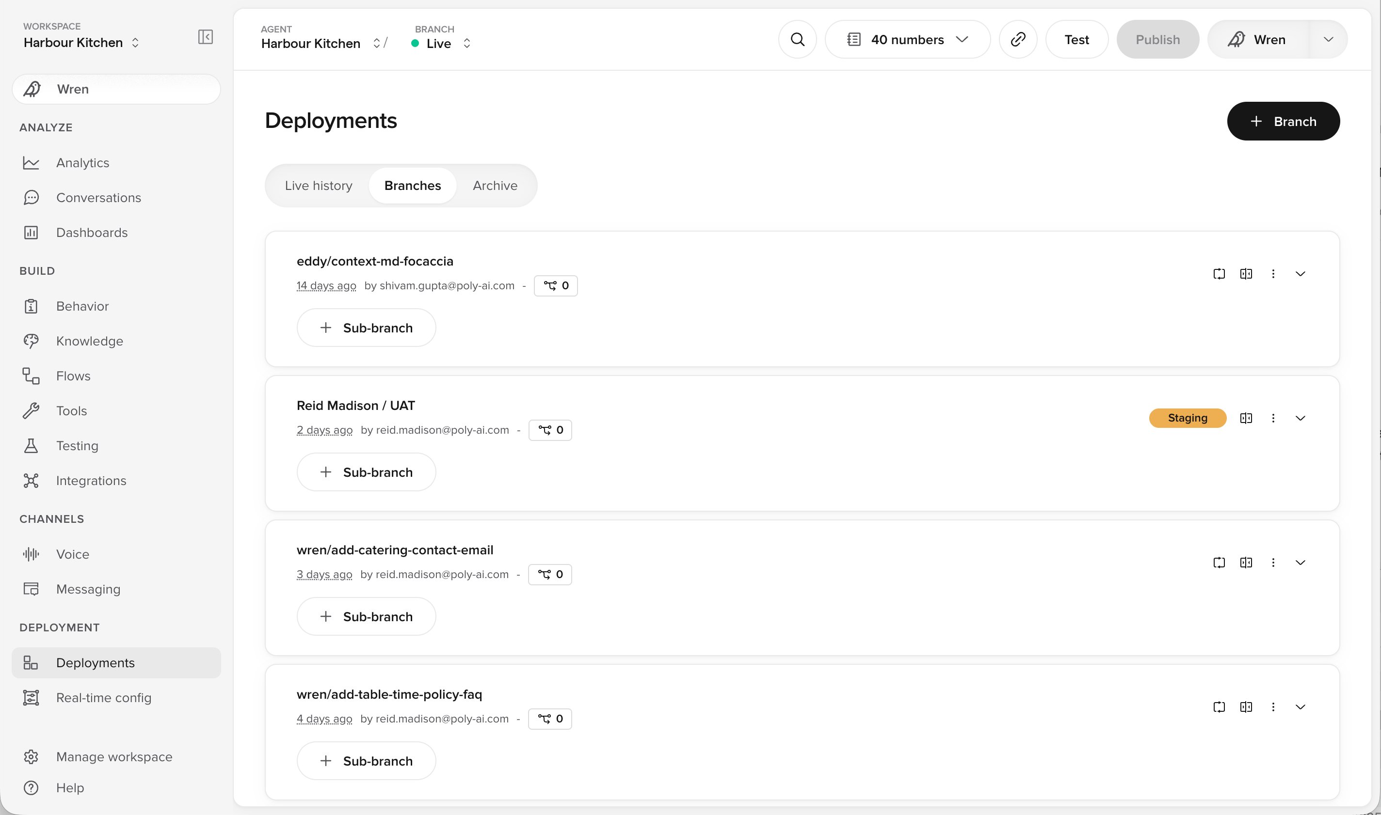 Branches tab on the Deployments page listing open Branches, one marked Staging