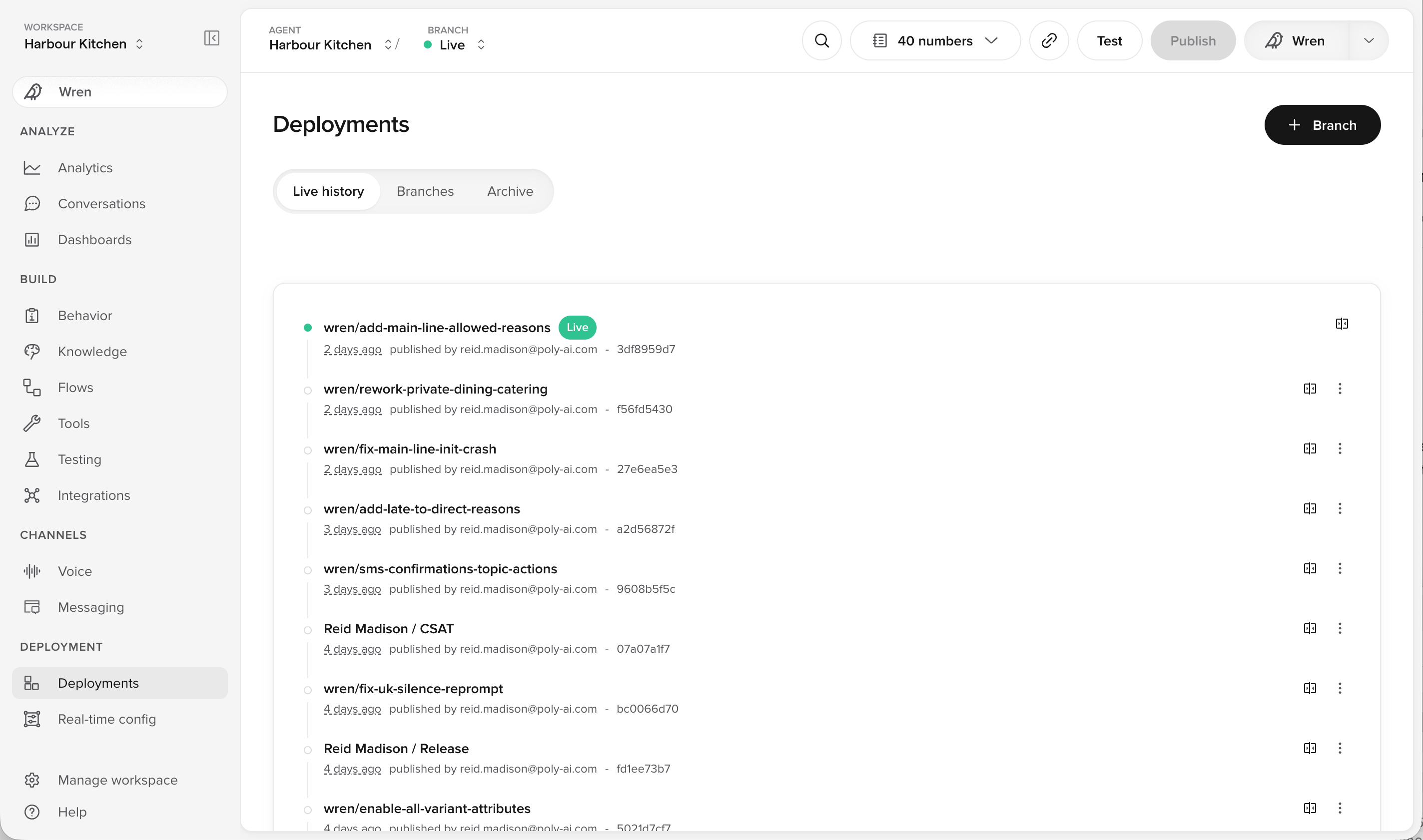 Deployments page Live history tab, listing published versions with the current one marked Live