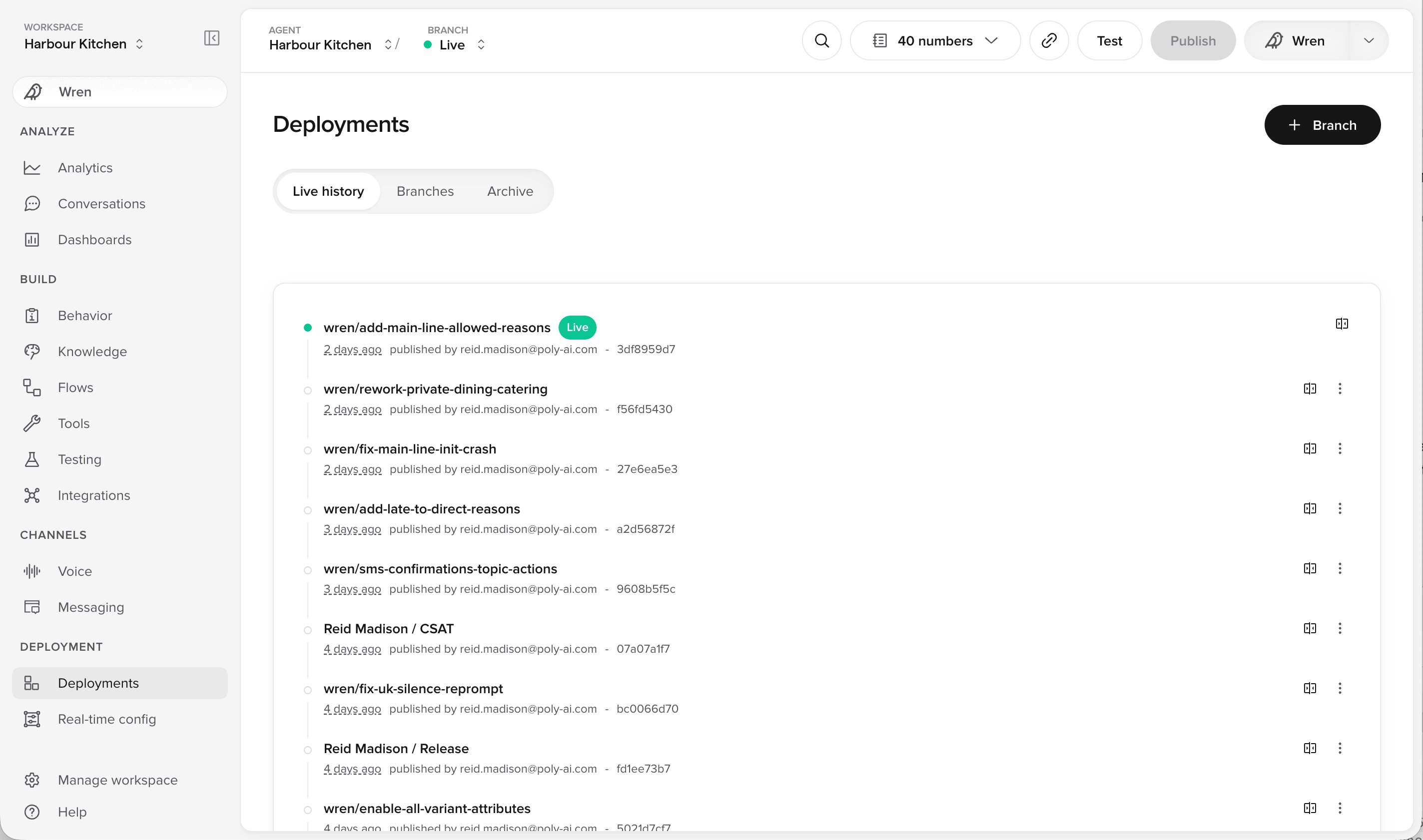 Deployments page Live history tab, listing published versions with the current one marked Live