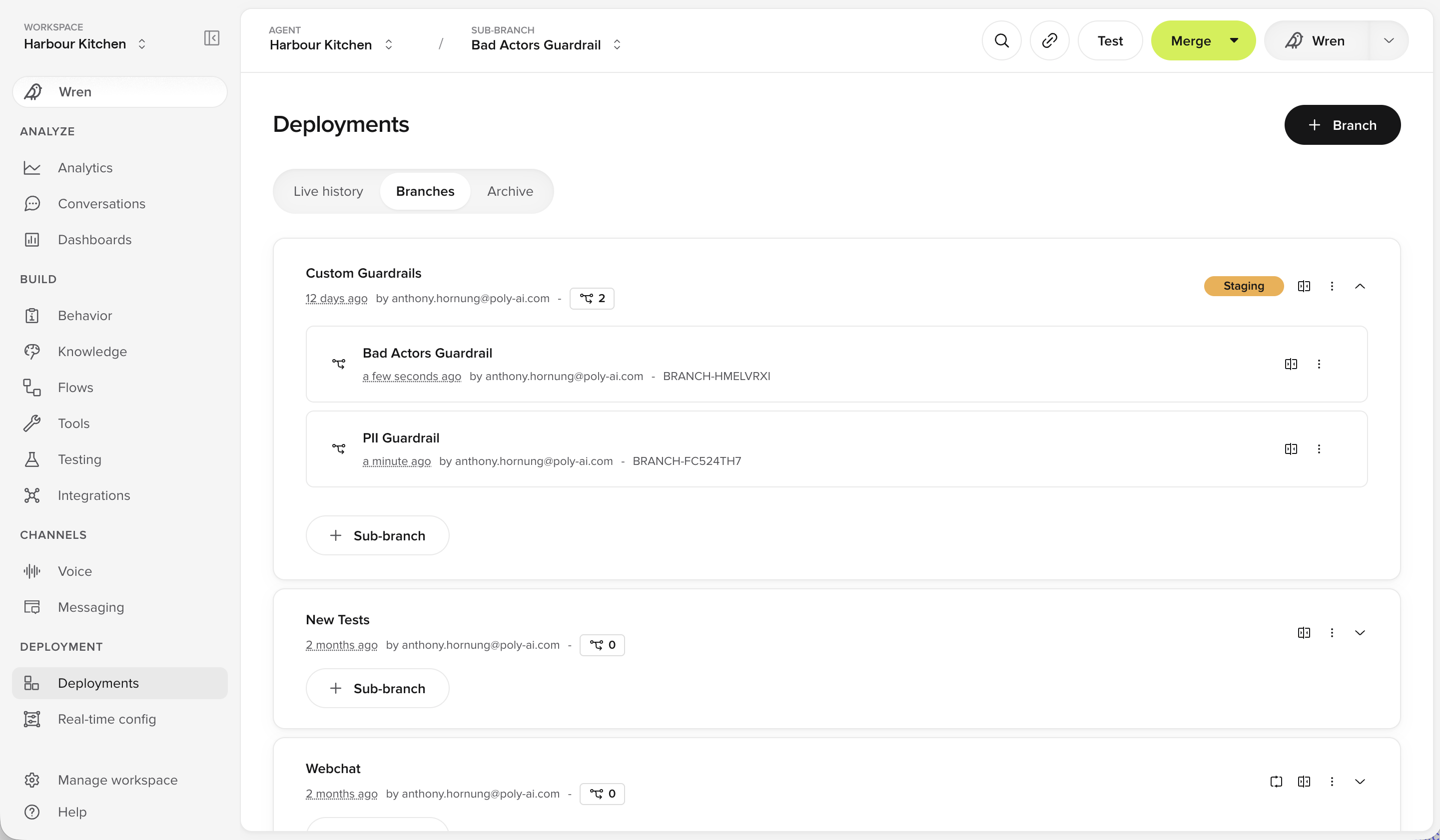 Deployments page showing a Branch with two Sub-branches nested under it, and a count of its Sub-branches