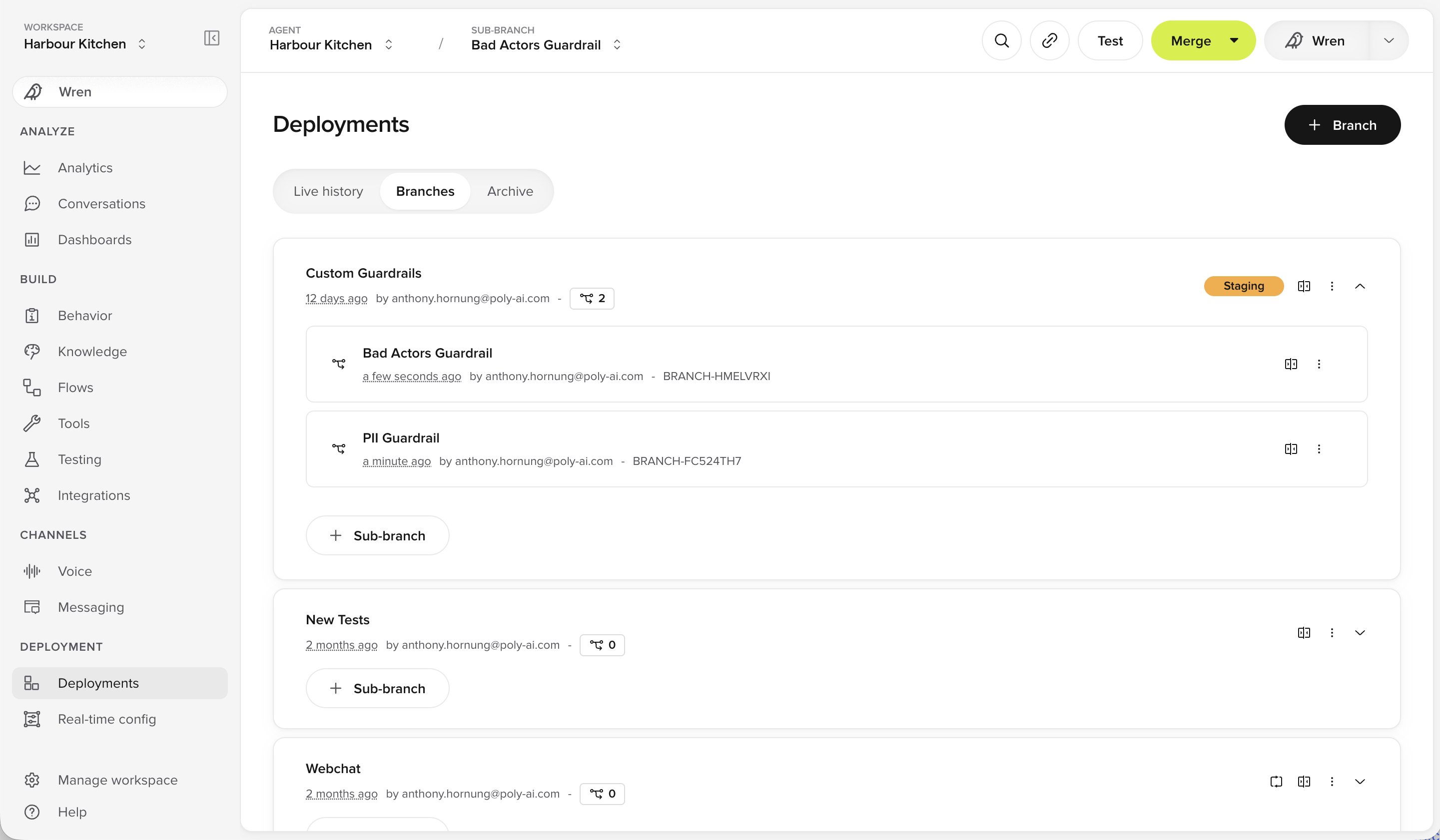 Deployments page showing a Branch with two Sub-branches nested under it, and a count of its Sub-branches