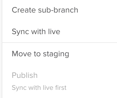 Publish menu on an out of sync Branch. Sync with live is available, and Publish below it is greyed out and labelled Sync with live first