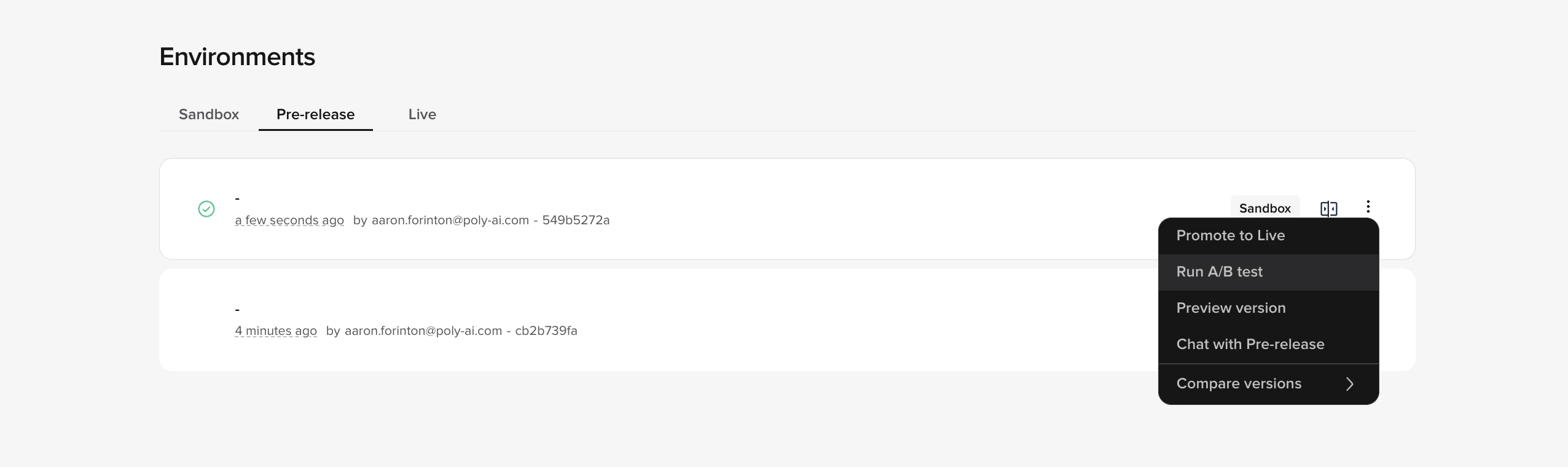 Pre-release tab in Environments with the overflow menu open on a version, listing Promote to Live, Run A/B test, Preview version, Chat with Pre-release, and Compare versions