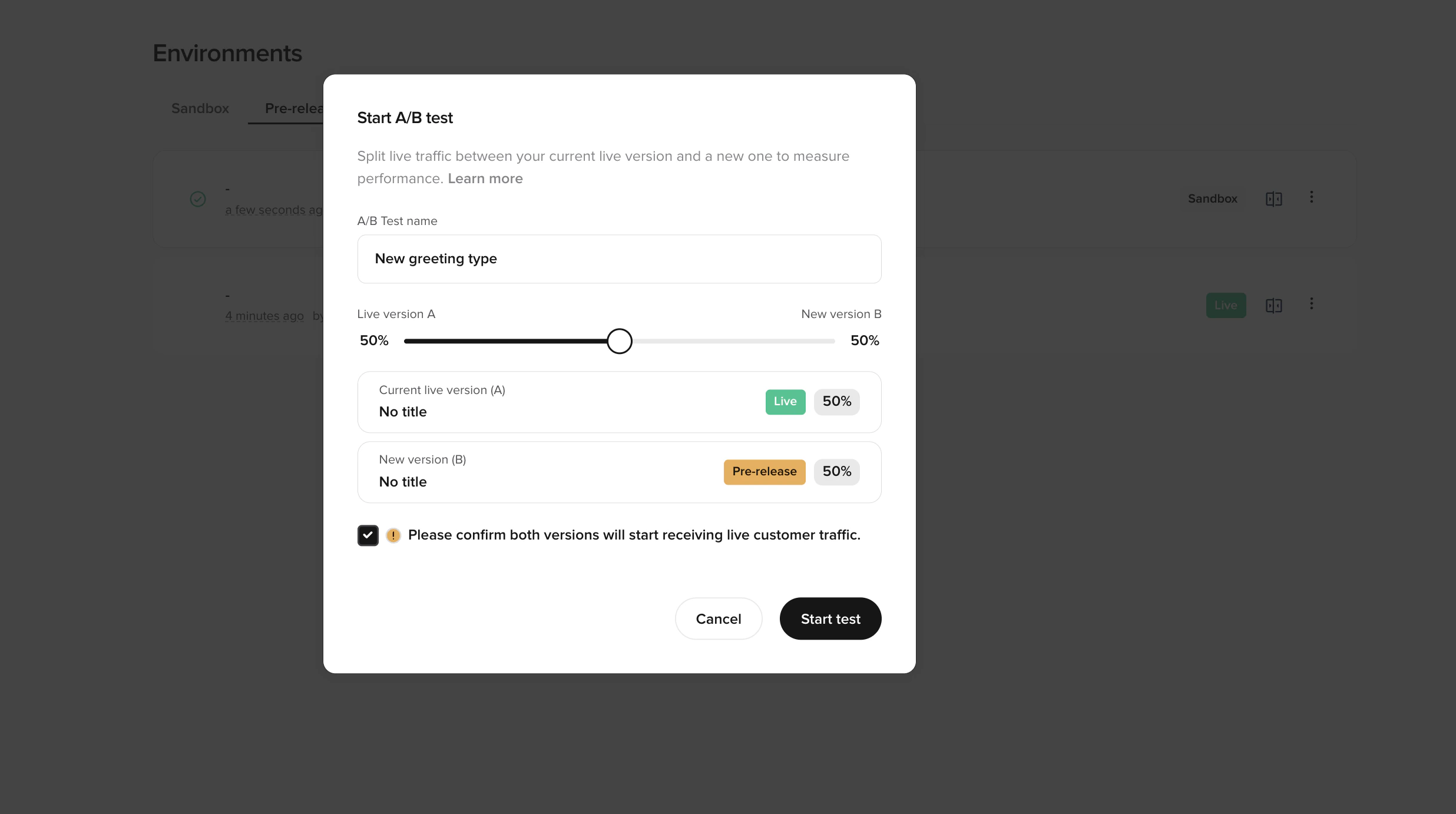 Start A/B test modal showing the A/B Test name field, the Live A / New B traffic-split slider at 50/50, version cards for current Live (A) and Pre-release (B) with their share, the live-traffic confirmation checkbox ticked, and Cancel and Start test buttons