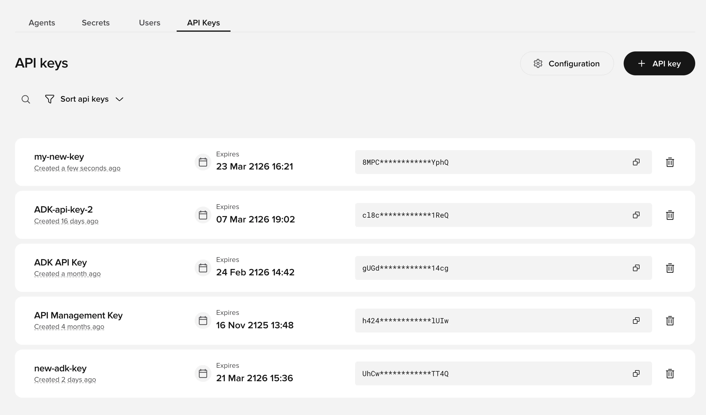 API keys page in Agent Studio