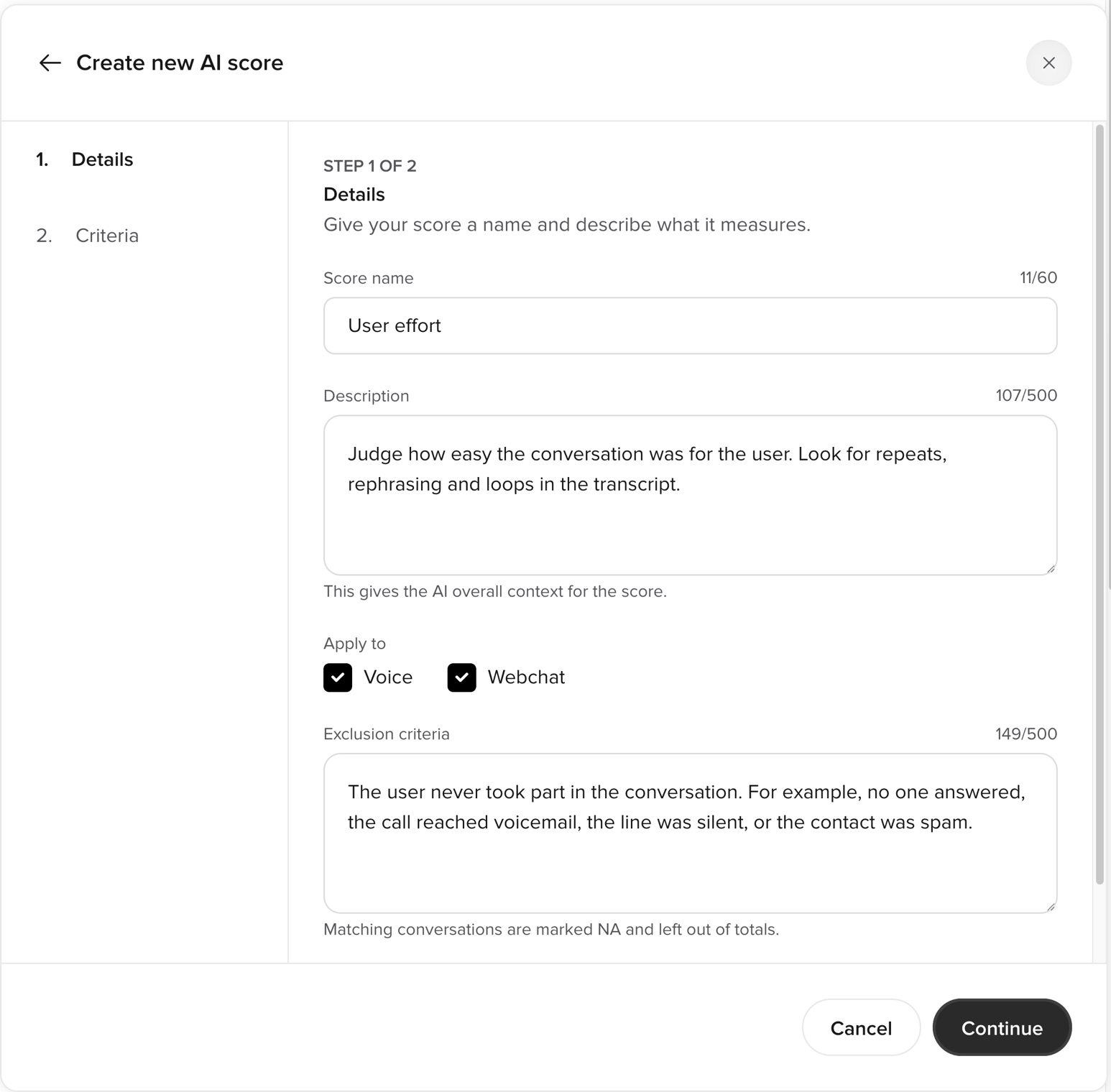 The Details step of the Create new AI score form, with the score name, description, Apply to, and exclusion criteria fields filled in from the User effort template