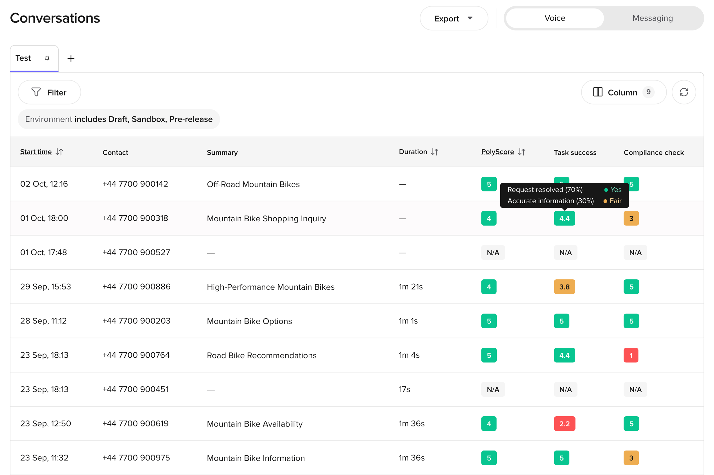 Conversations table with two AI Score columns, and the breakdown tooltip open on one score showing each criterion's weight and answer