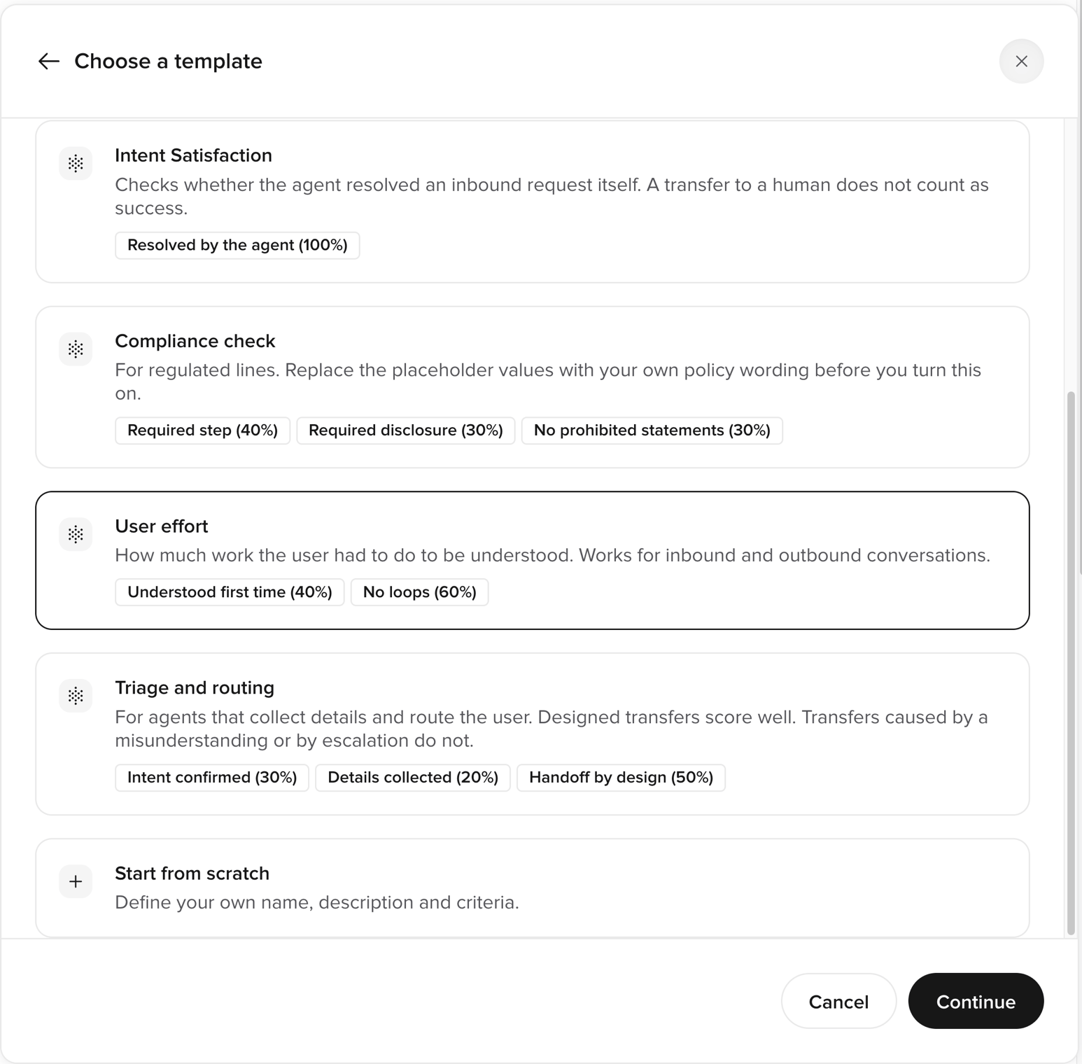 The Choose a template step, with the User effort template selected and the Start from scratch option at the bottom of the list