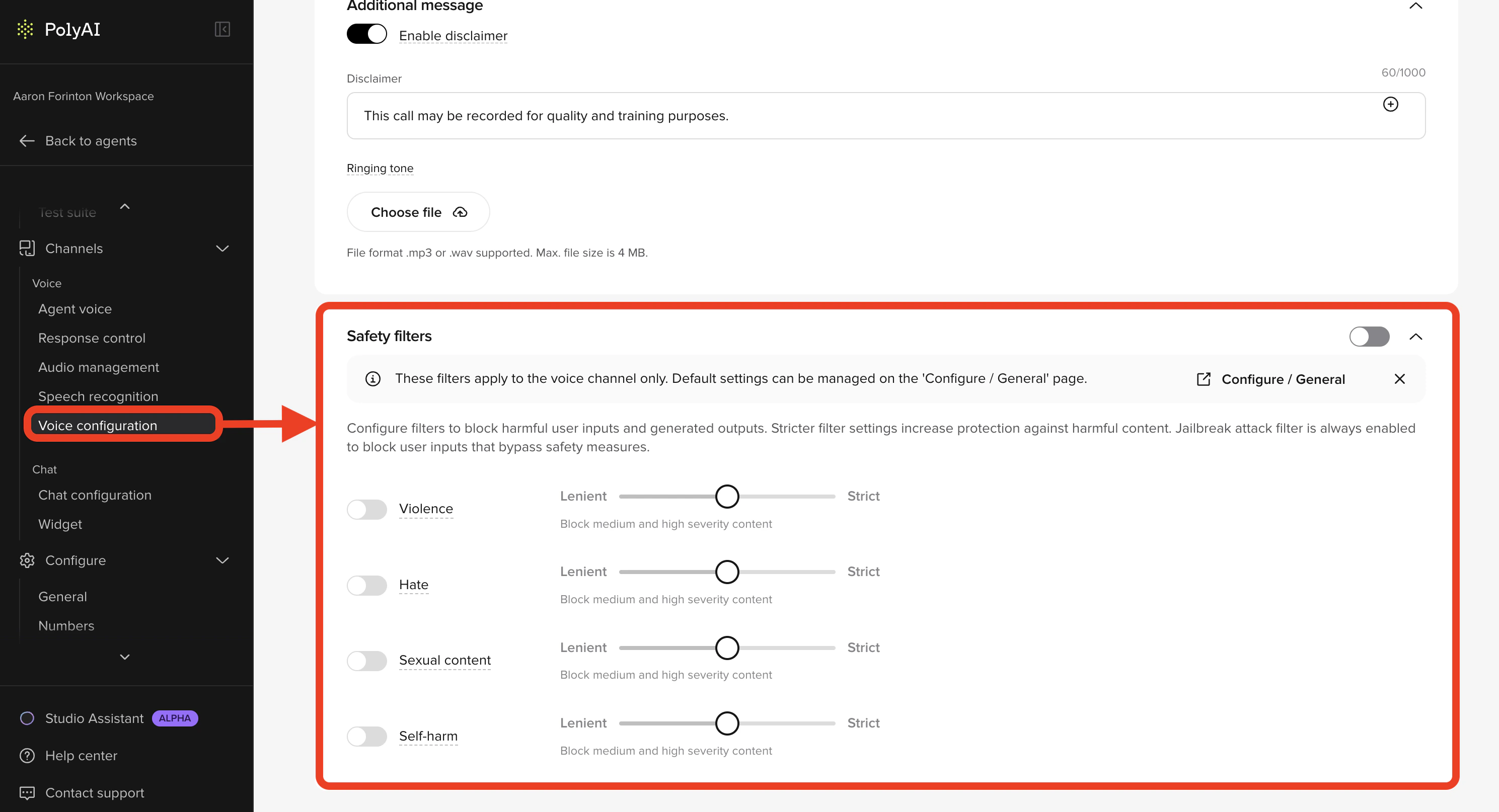 Safety filter settings for the voice channel