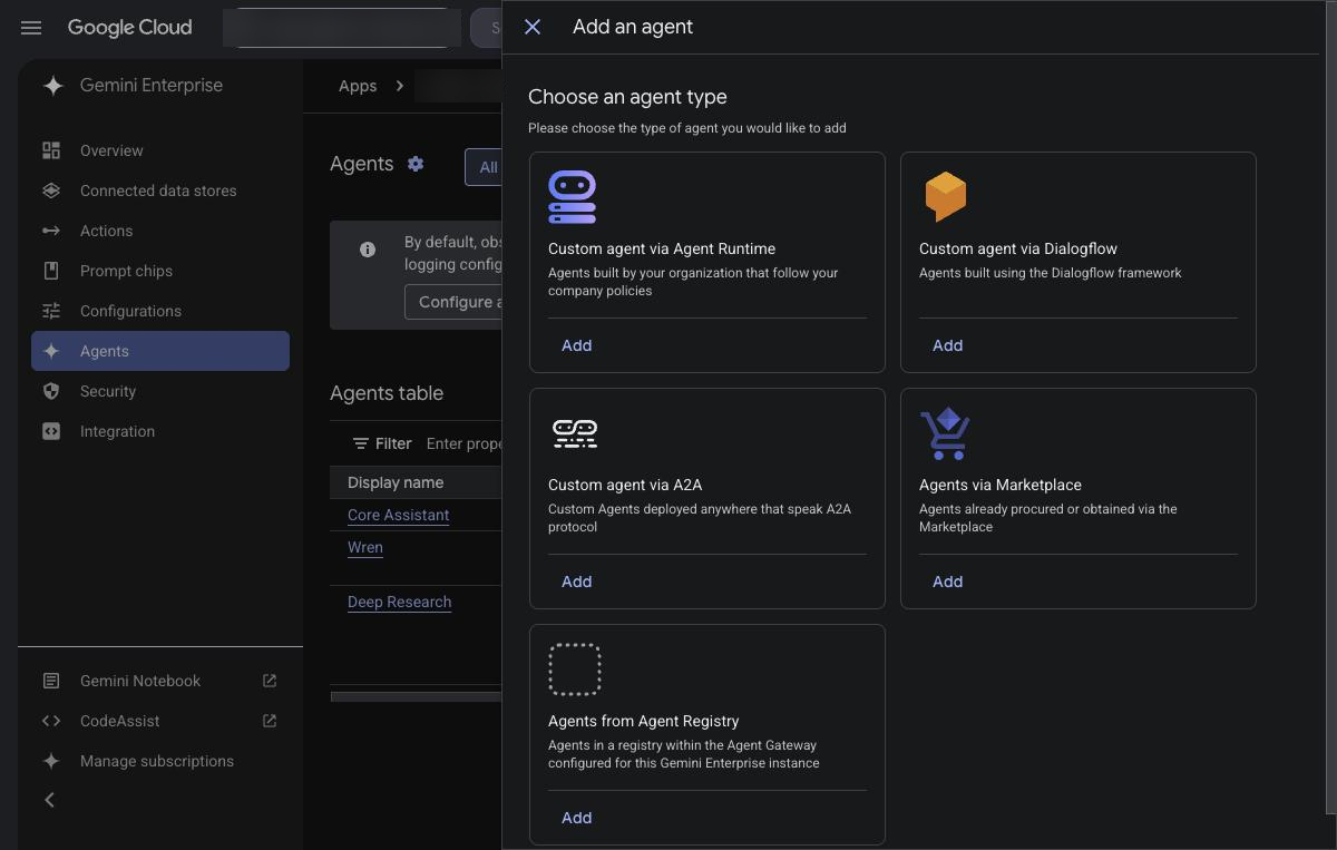 Add an agent panel with agent types, including Custom agent via A2A