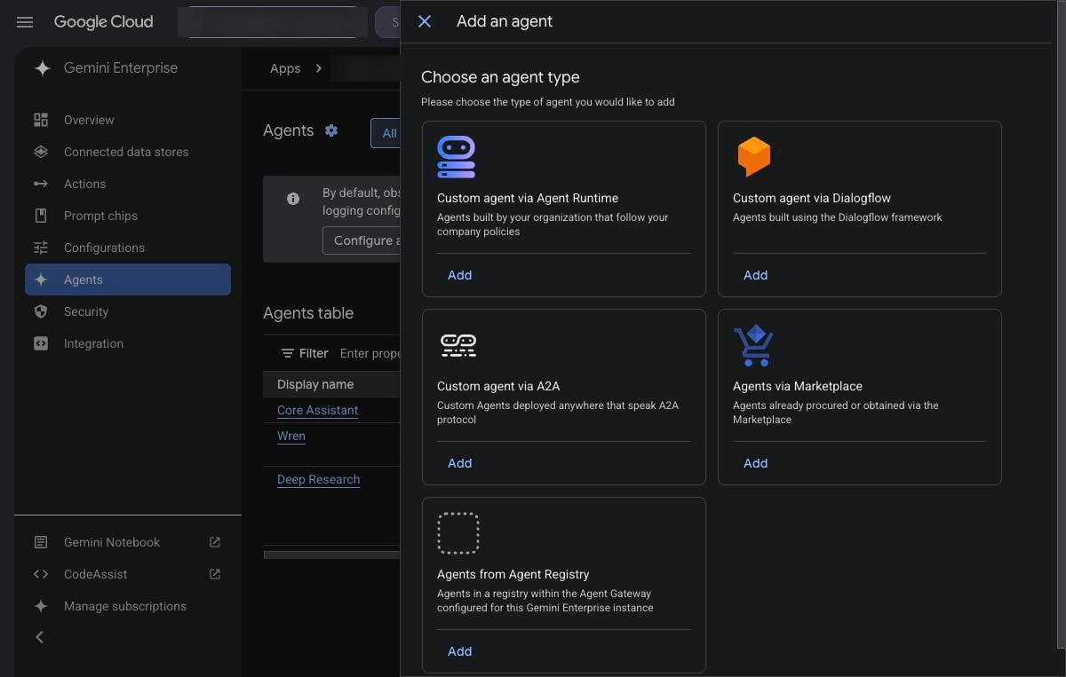 Add an agent panel with agent types, including Custom agent via A2A