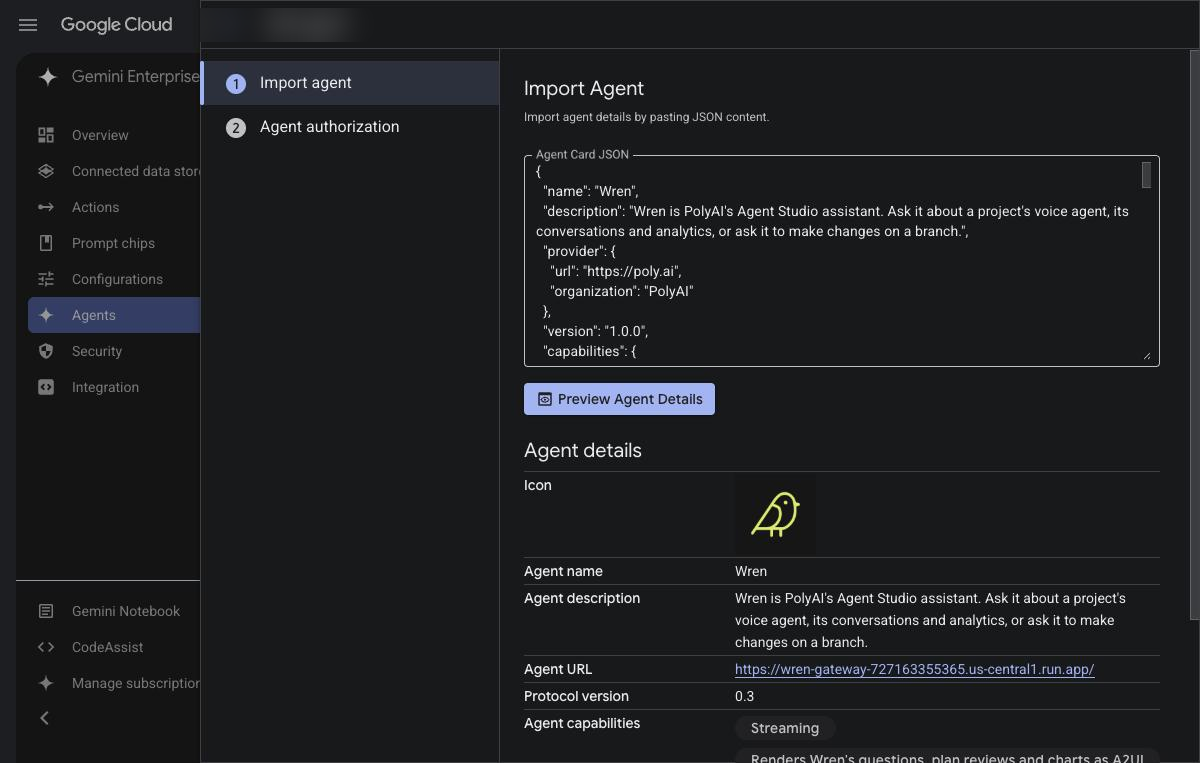 Agent card JSON pasted into the Import agent step, with a preview of Wren's details below